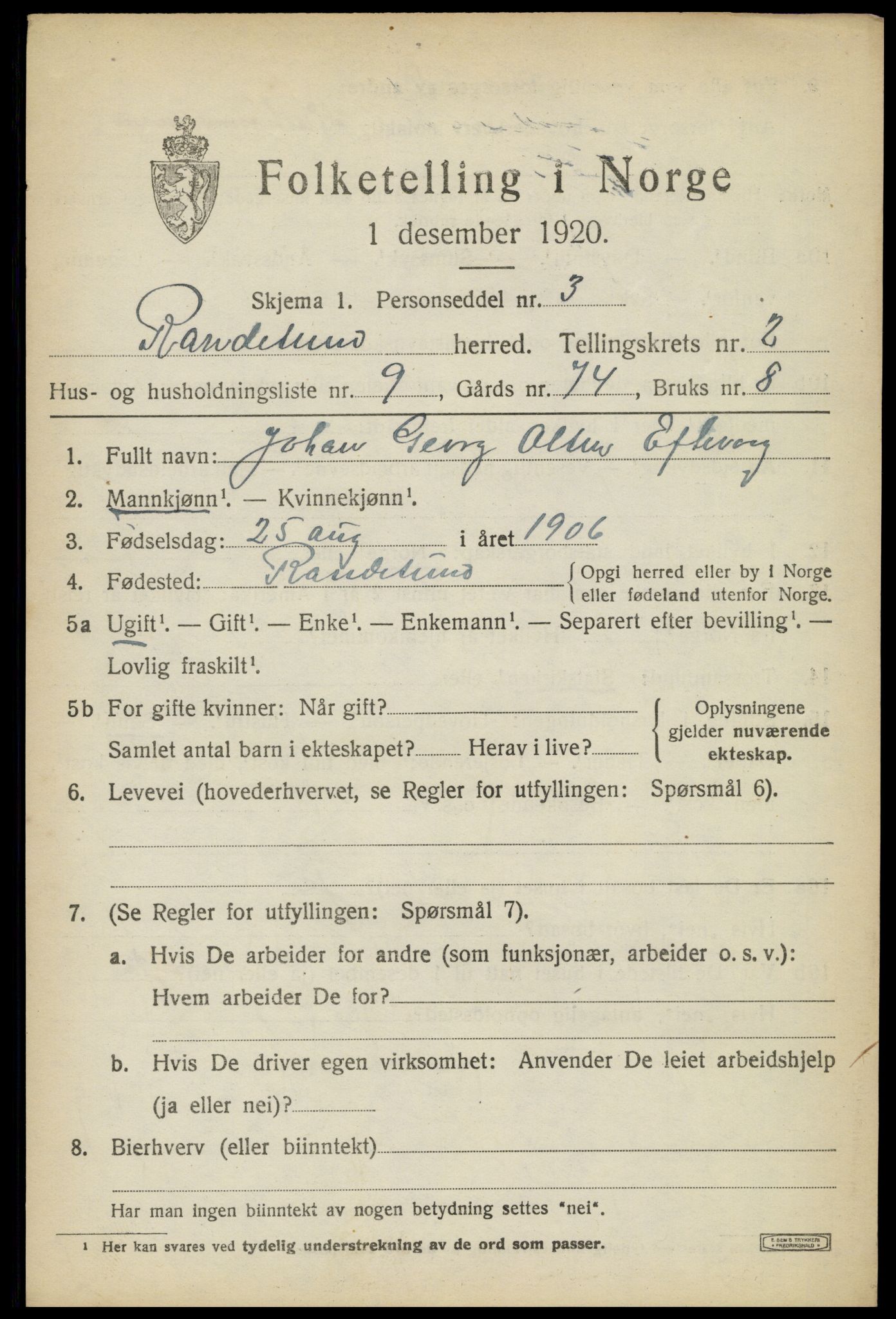 SAK, Folketelling 1920 for 1011 Randesund herred, 1920, s. 1166