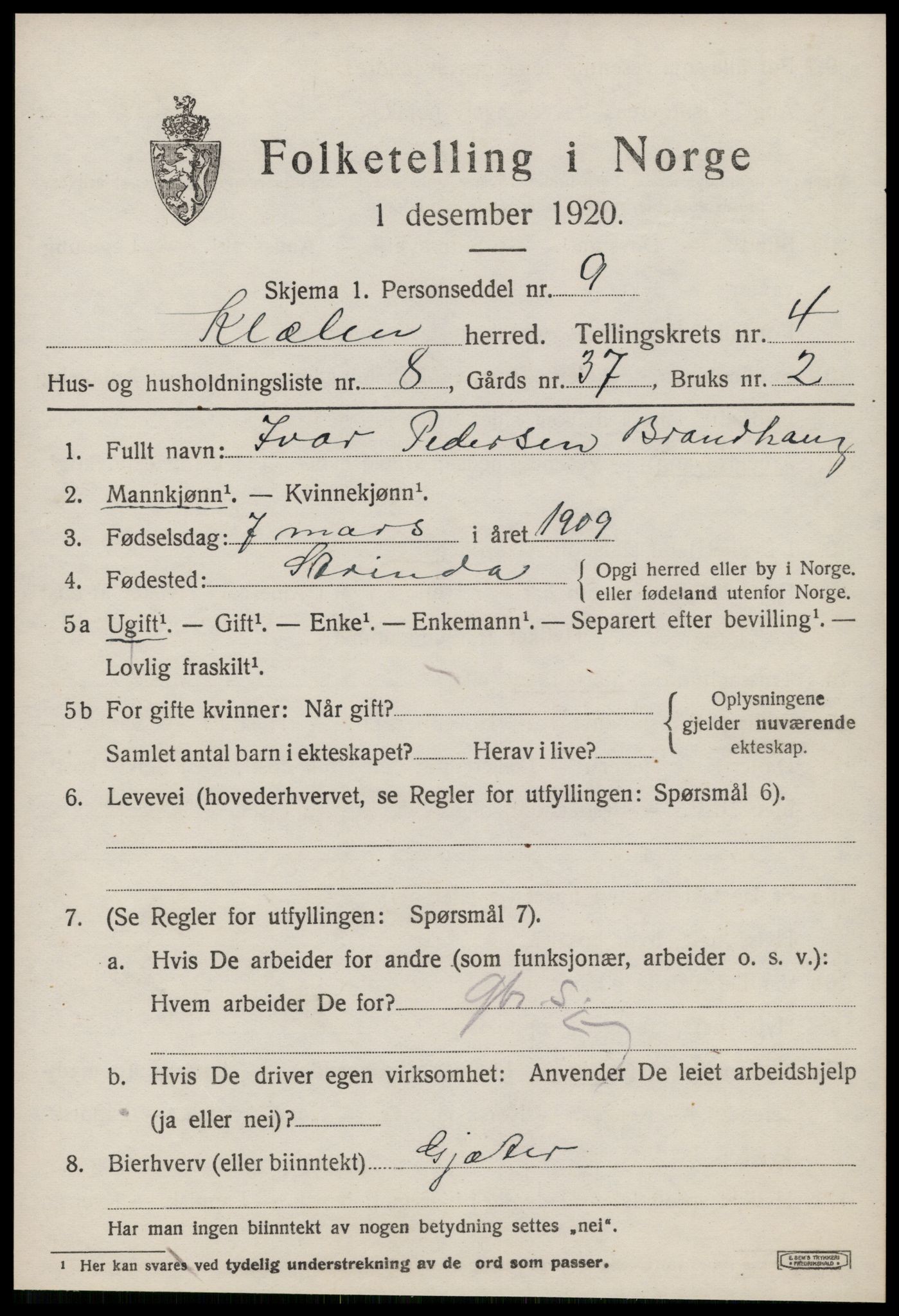 SAT, Folketelling 1920 for 1662 Klæbu herred, 1920, s. 2168