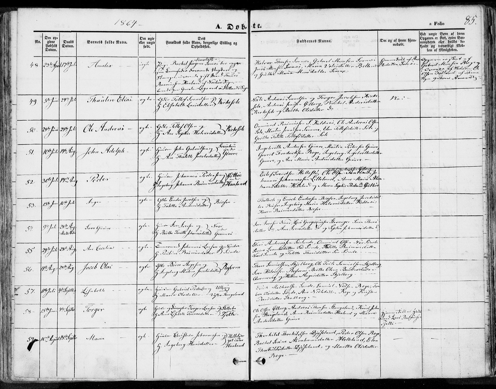 Håland sokneprestkontor, AV/SAST-A-101802/001/30BA/L0007: Ministerialbok nr. A 7.1, 1854-1870, s. 85