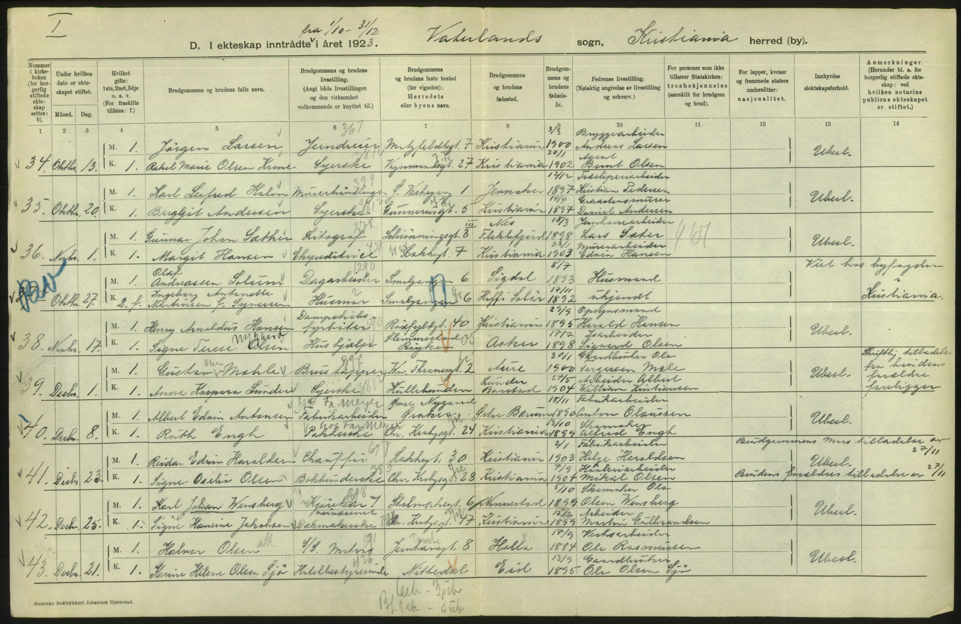 Statistisk sentralbyrå, Sosiodemografiske emner, Befolkning, RA/S-2228/D/Df/Dfc/Dfcc/L0008: Kristiania: Gifte, 1923, s. 546