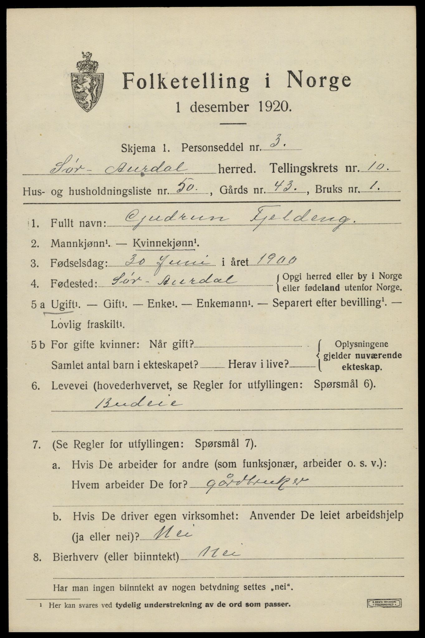 SAH, Folketelling 1920 for 0540 Sør-Aurdal herred, 1920, s. 6261