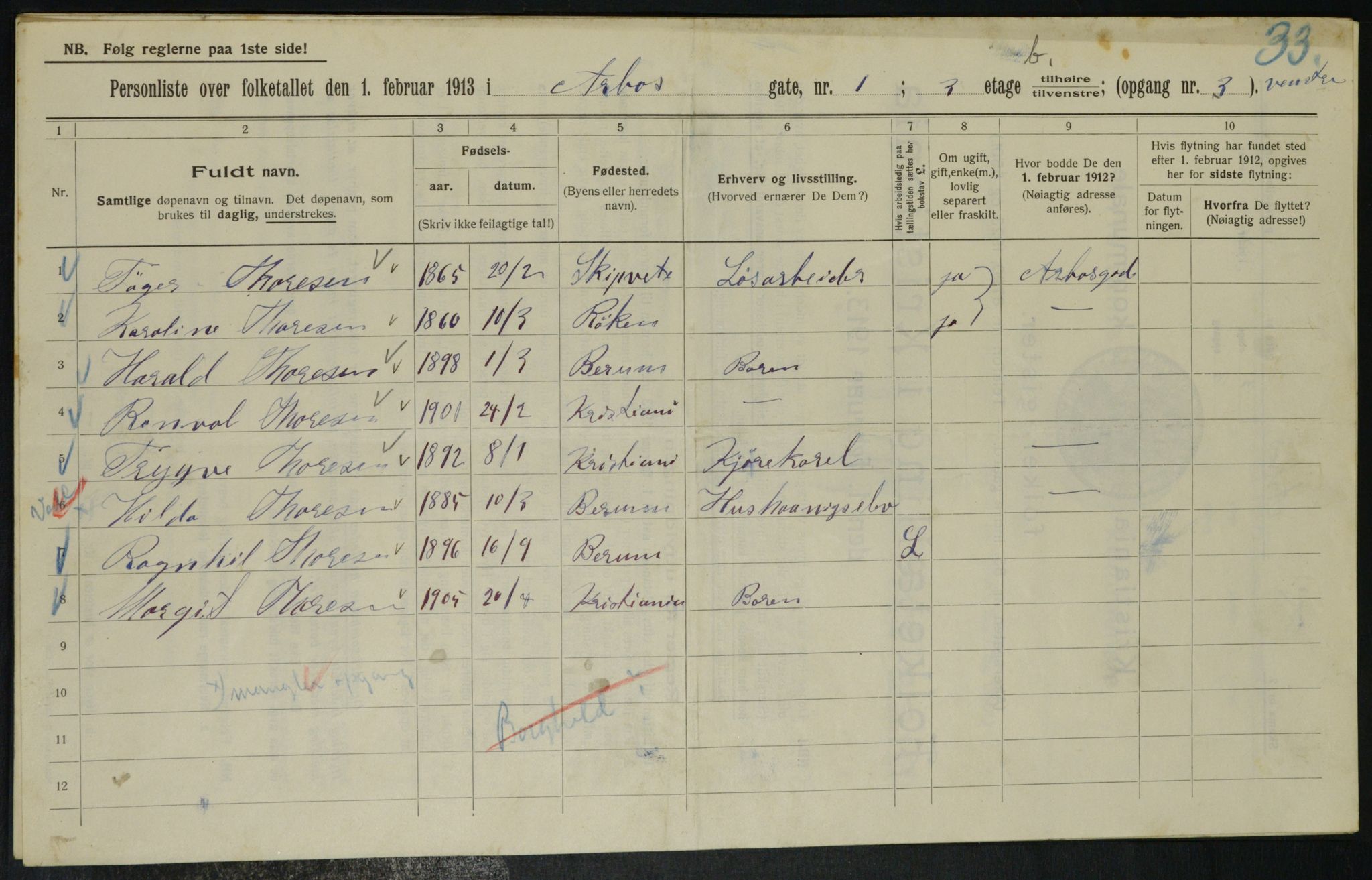 OBA, Kommunal folketelling 1.2.1913 for Kristiania, 1913, s. 1623