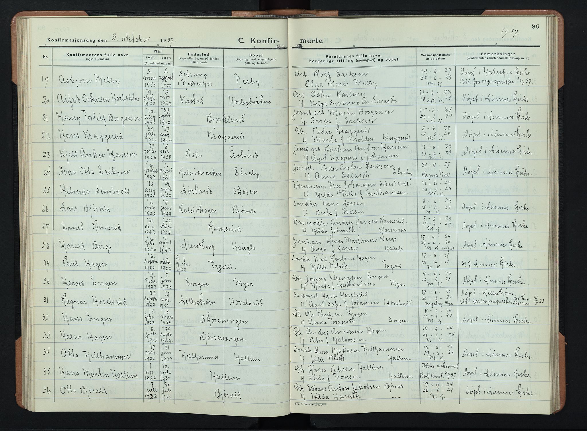 Lunner prestekontor, AV/SAH-PREST-118/H/Ha/Hab/L0003: Klokkerbok nr. 3, 1933-1945, s. 96