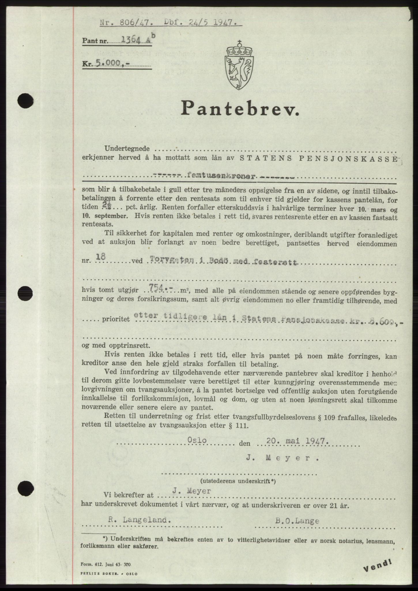 Salten sorenskriveri, AV/SAT-A-4578/1/2/2C: Pantebok nr. B11-12, 1947-1947, Dagboknr: 806/1947