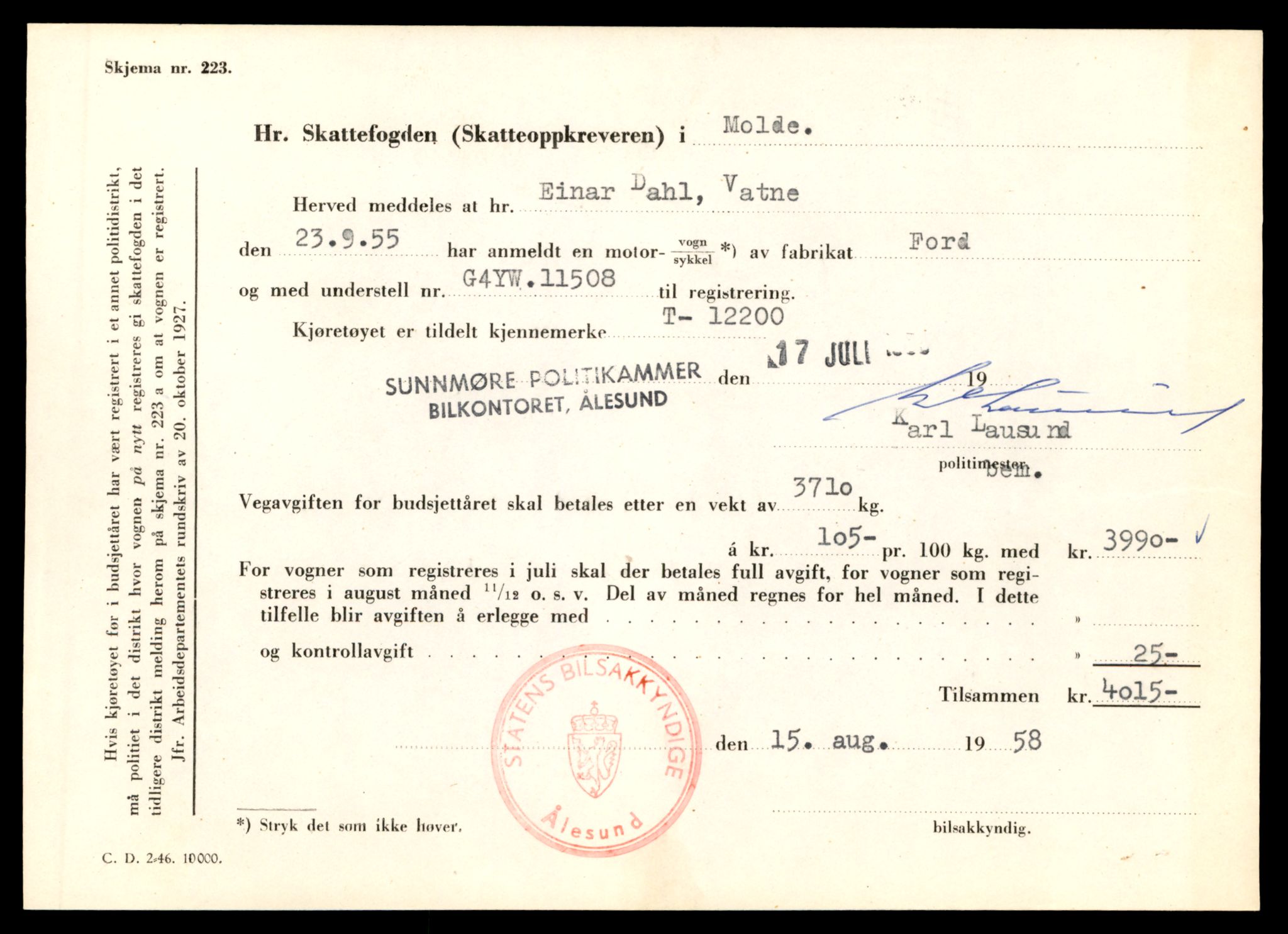 Møre og Romsdal vegkontor - Ålesund trafikkstasjon, AV/SAT-A-4099/F/Fe/L0033: Registreringskort for kjøretøy T 12151 - T 12474, 1927-1998, s. 1249