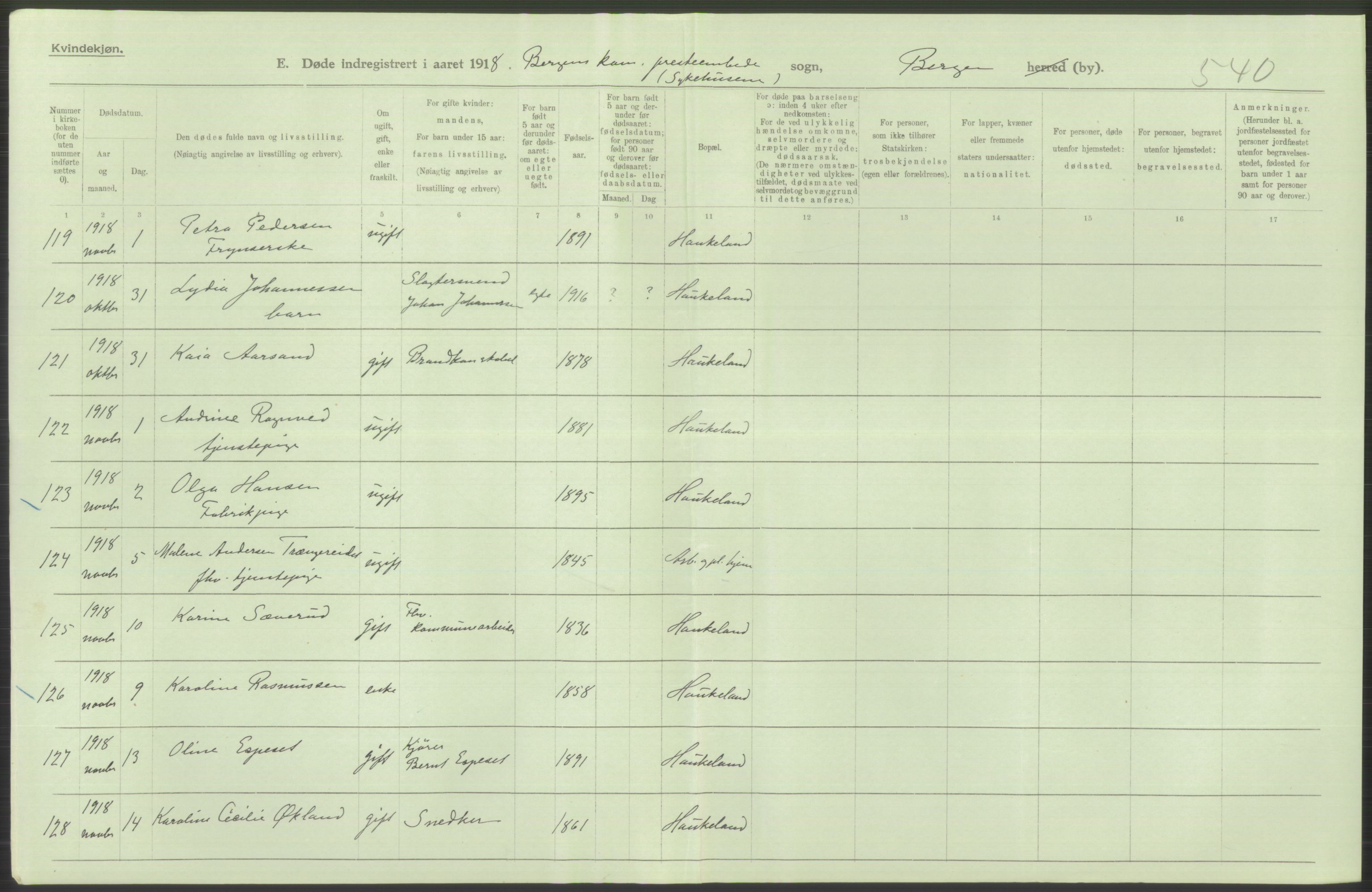 Statistisk sentralbyrå, Sosiodemografiske emner, Befolkning, AV/RA-S-2228/D/Df/Dfb/Dfbh/L0039: Bergen: Døde., 1918, s. 476