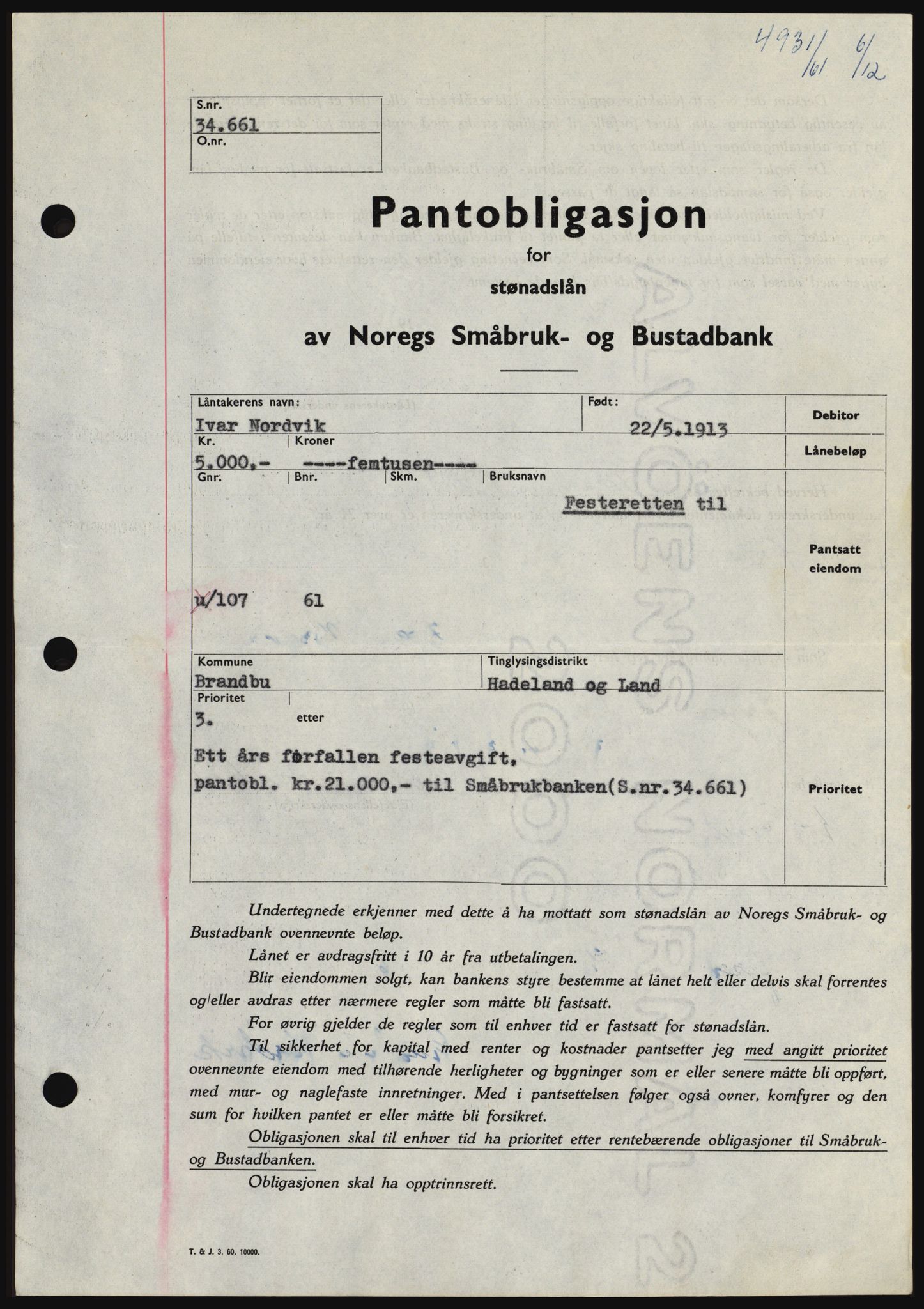 Hadeland og Land tingrett, SAH/TING-010/H/Hb/Hbc/L0047: Pantebok nr. B47, 1961-1962, Dagboknr: 4931/1961