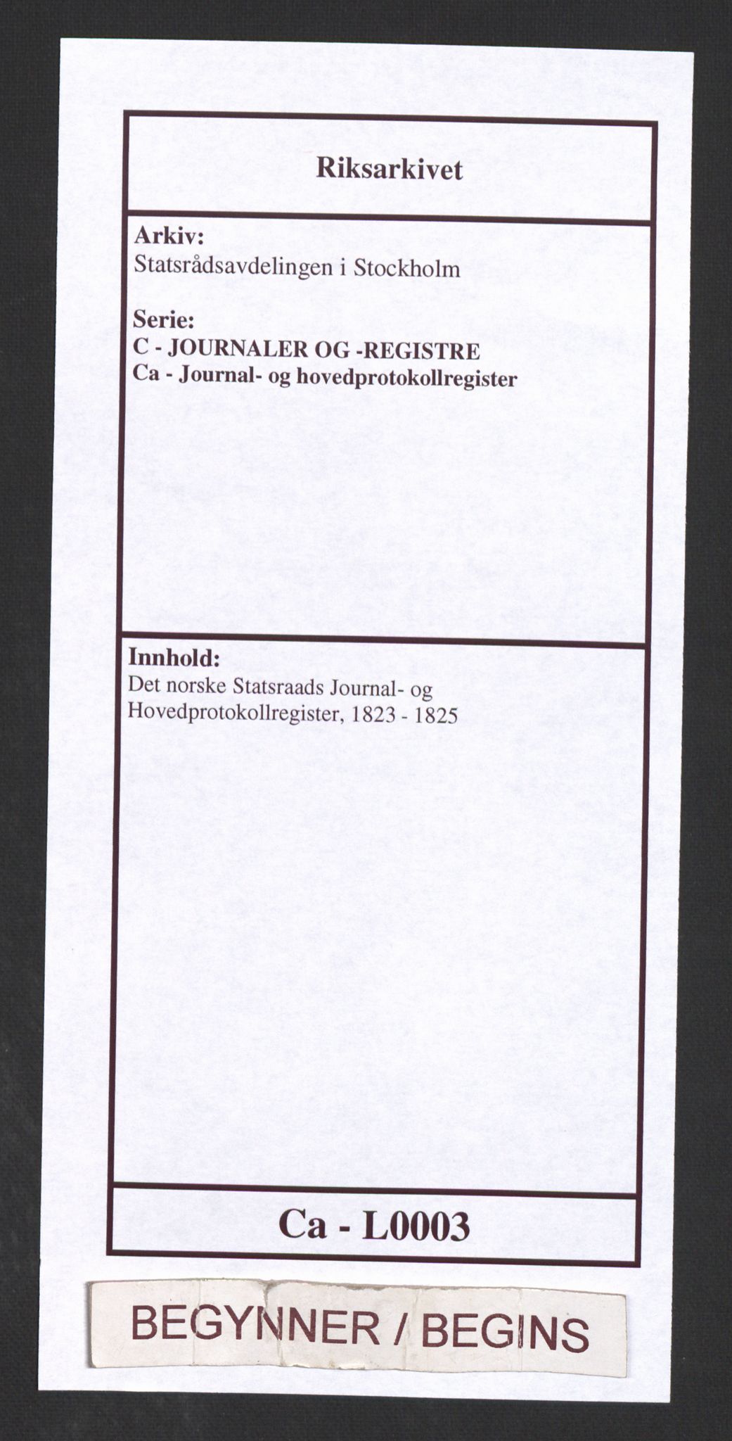Statsrådsavdelingen i Stockholm, RA/S-1003/C/Ca/L0003: Det norske Statsraads Journal- og Hovedprotokollregister, 1823-1825