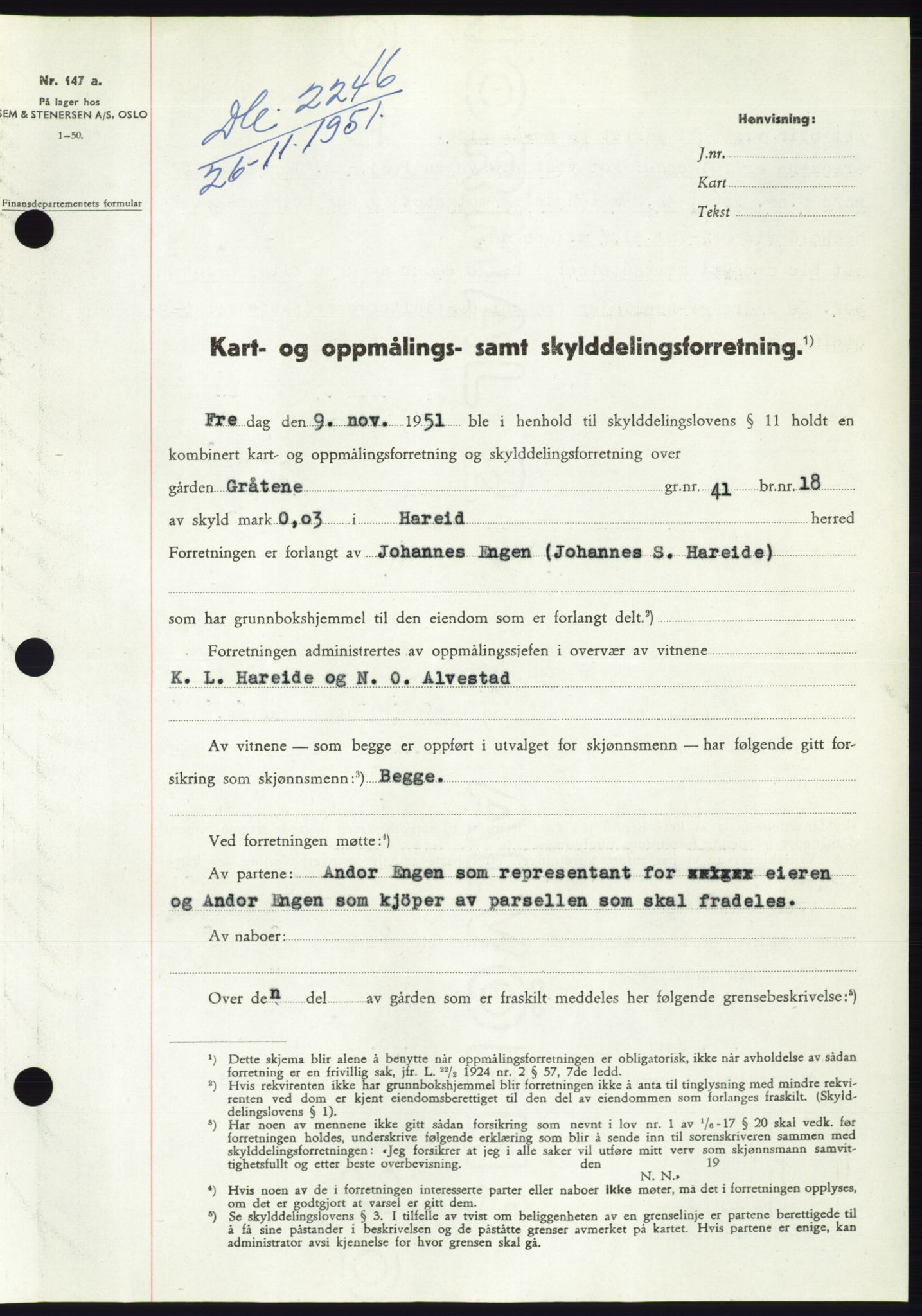 Søre Sunnmøre sorenskriveri, AV/SAT-A-4122/1/2/2C/L0090: Pantebok nr. 16A, 1951-1951, Dagboknr: 2246/1951