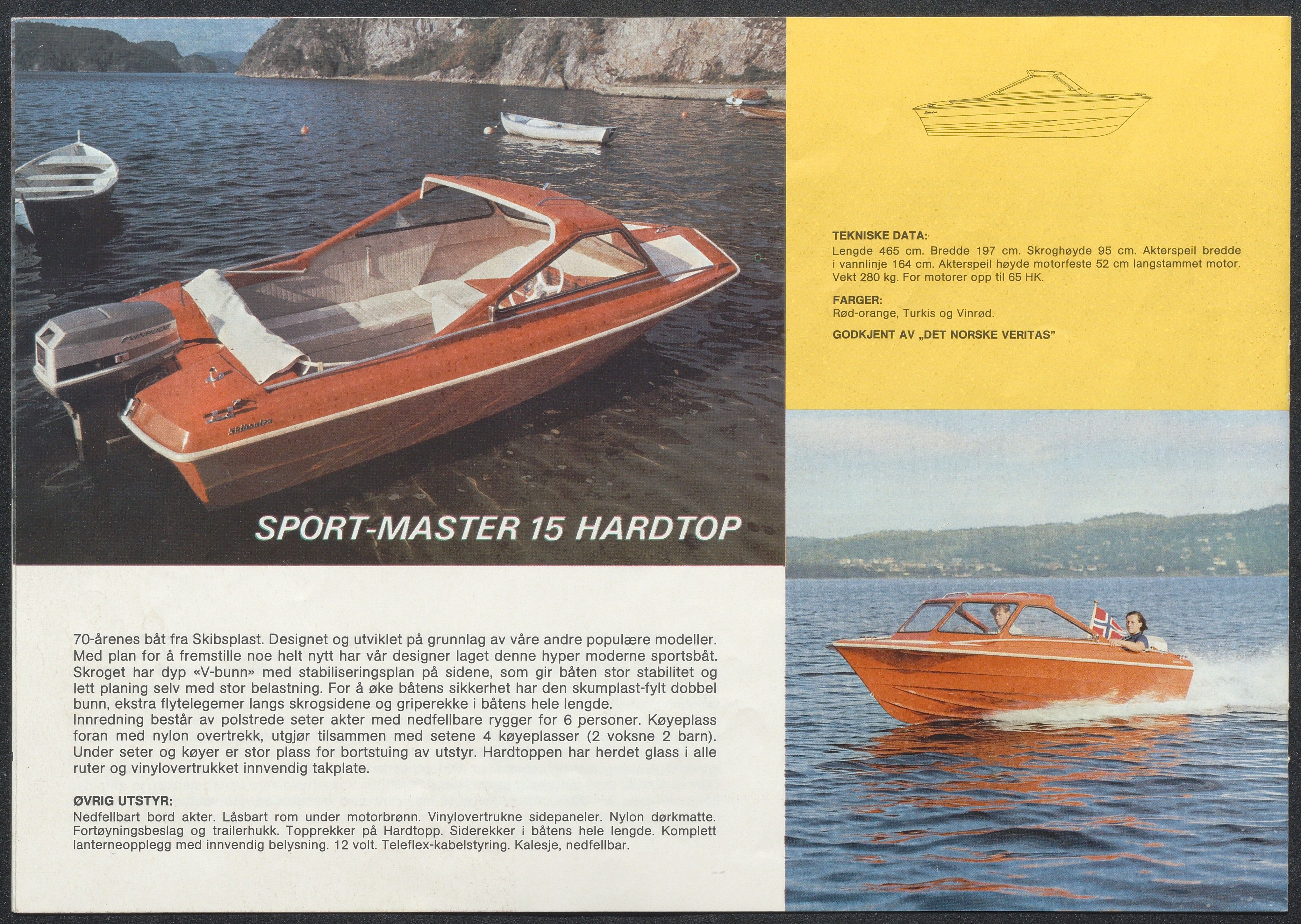 Skibsplast, AAKS/PA-2968/01/X/X01/L0001/0012: Brosjyrer / Seamaster 17 Tour-cruiser (1970-1976). Seamaster 17 Hardtop (1970/71-1975). Sport-Master 15 Hardtop (1970-1986). Sport-Master 15 VS (1971-1987). Sportsmann 14 (1971-1989). Sportsmann Junior 11' (1960-1964). , 1960-1989