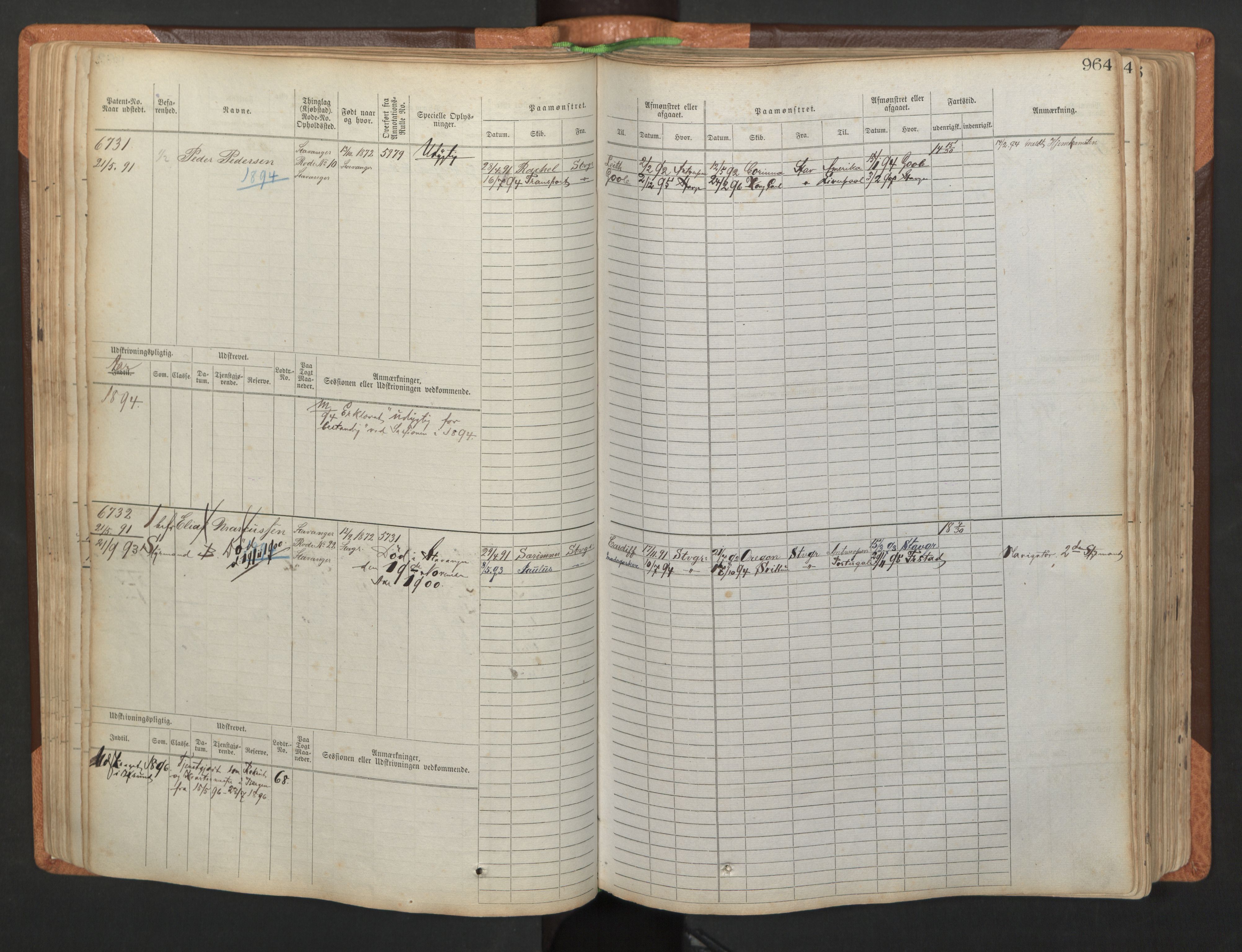 Stavanger sjømannskontor, AV/SAST-A-102006/F/Fb/Fbb/L0011: Sjøfartshovedrulle, patentnr. 6607-7206 (del 2), 1887-1896, s. 67