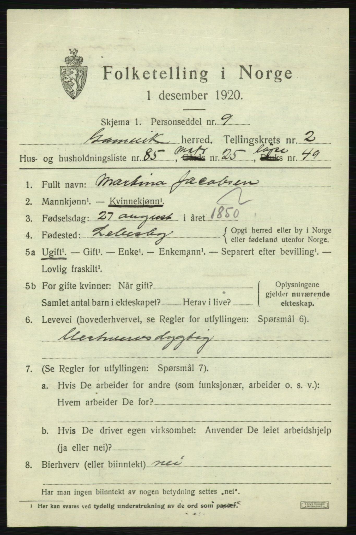 SATØ, Folketelling 1920 for 2023 Gamvik herred, 1920, s. 2396