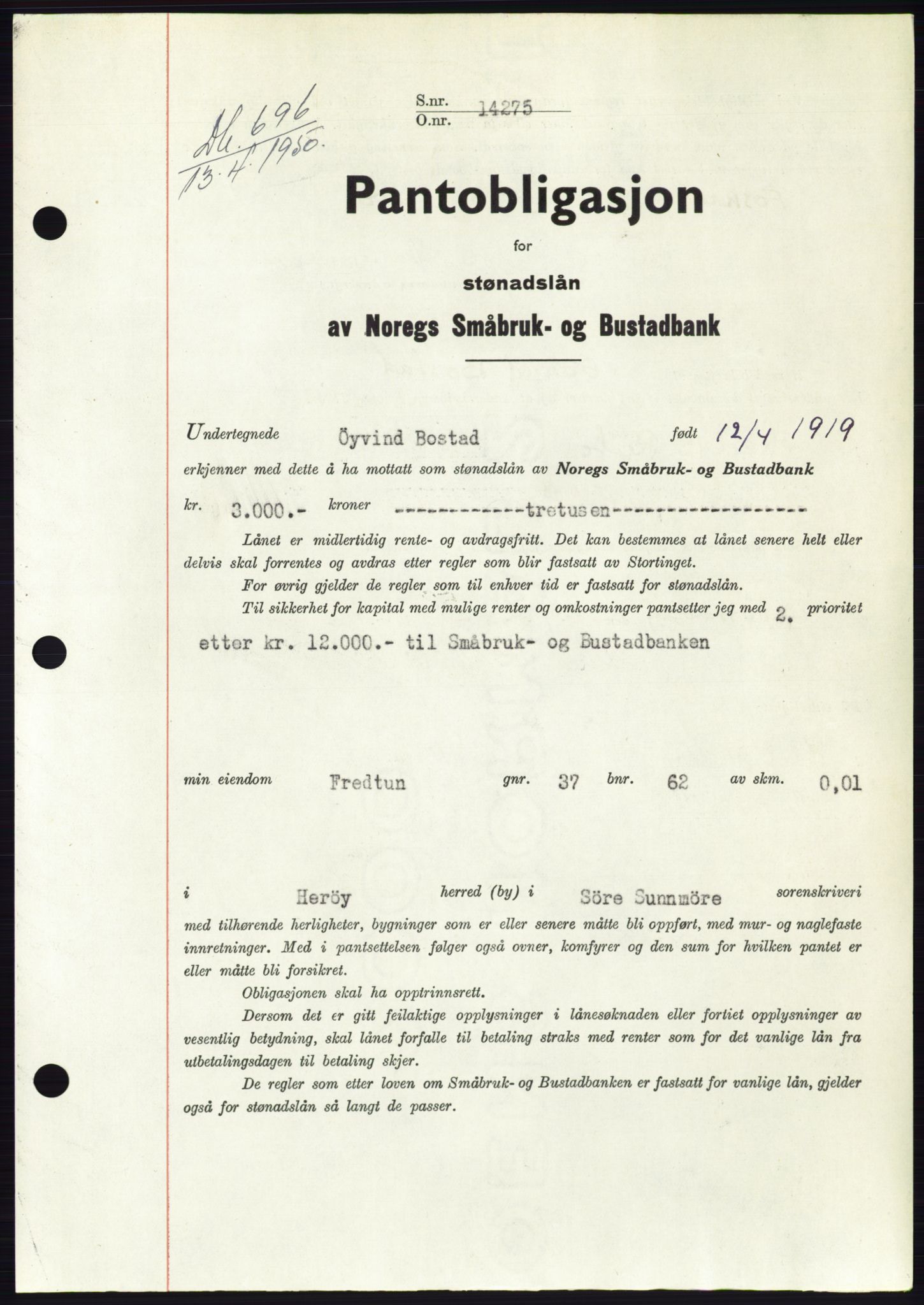 Søre Sunnmøre sorenskriveri, SAT/A-4122/1/2/2C/L0118: Pantebok nr. 6B, 1949-1950, Dagboknr: 696/1950