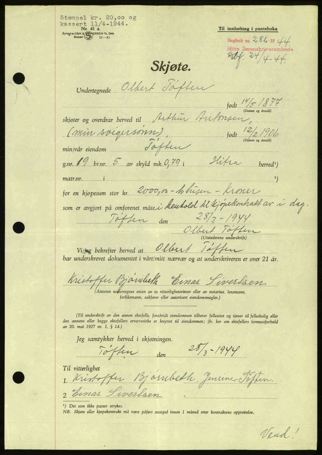 Hitra sorenskriveri, AV/SAT-A-0018/2/2C/2Ca: Pantebok nr. A2, 1943-1945, Dagboknr: 286/1944