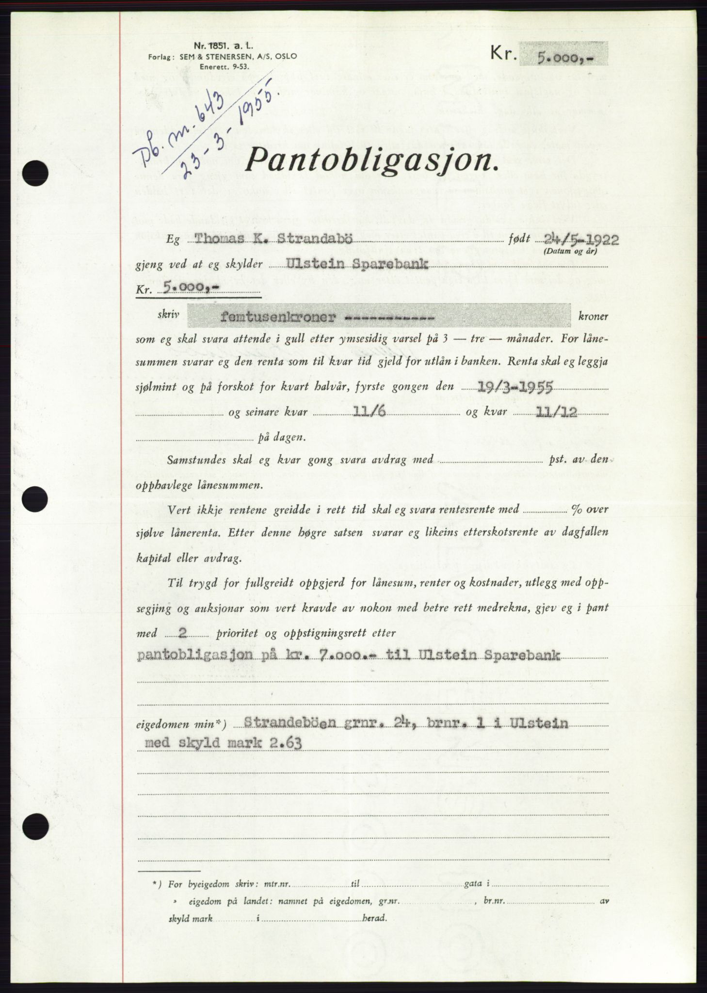 Søre Sunnmøre sorenskriveri, AV/SAT-A-4122/1/2/2C/L0126: Pantebok nr. 14B, 1954-1955, Dagboknr: 643/1955