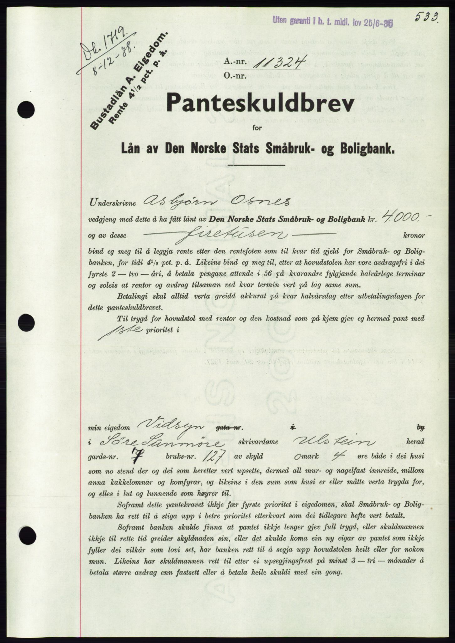 Søre Sunnmøre sorenskriveri, AV/SAT-A-4122/1/2/2C/L0066: Pantebok nr. 60, 1938-1938, Dagboknr: 1719/1938