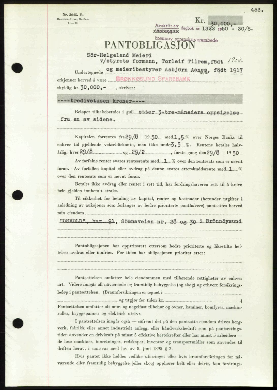 Brønnøy sorenskriveri, SAT/A-4170/1/2/2C: Pantebok nr. 36, 1950-1950, Dagboknr: 1322/1950