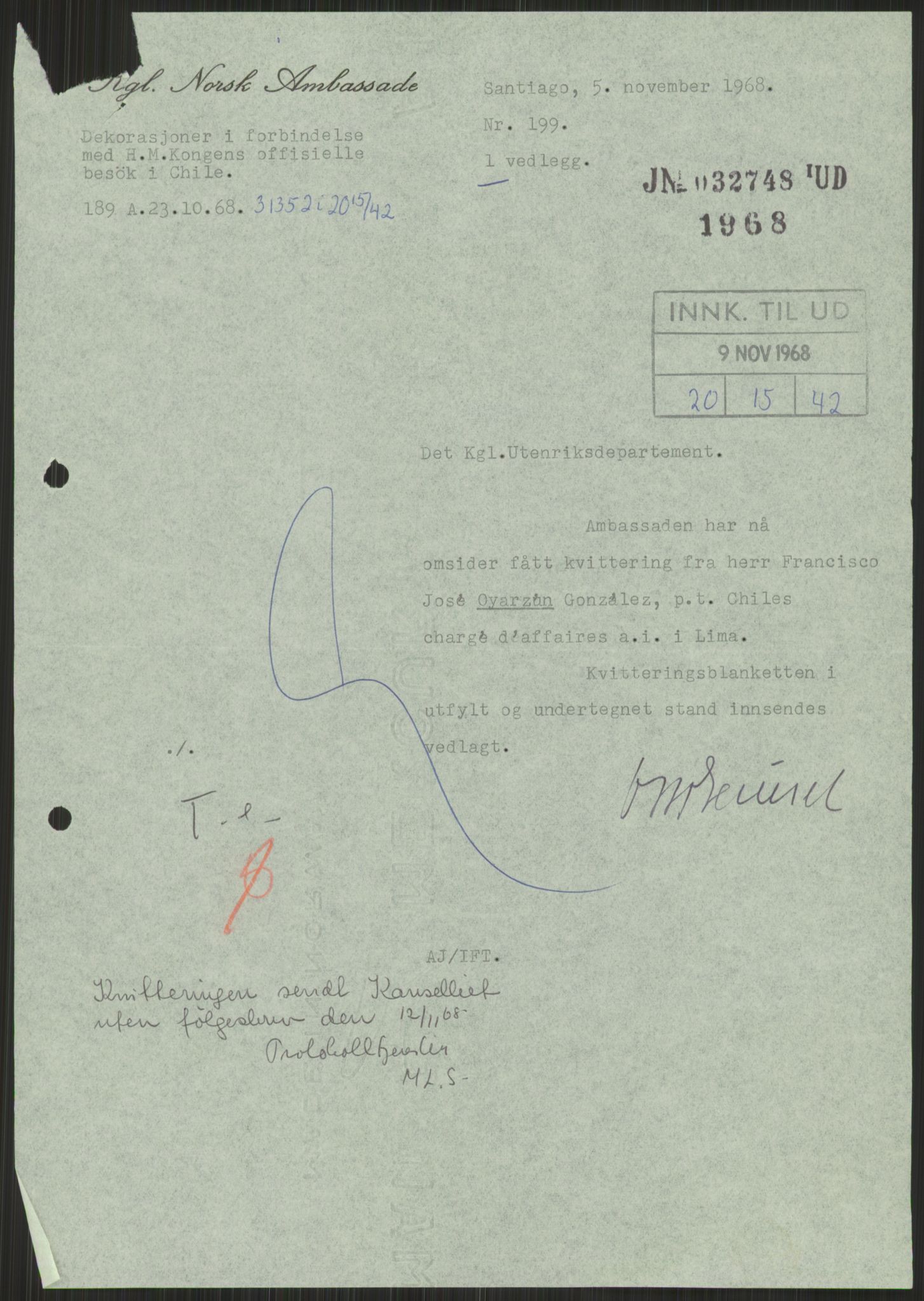 Utenriksdepartementet, hovedarkiv, RA/S-6794/D/Da/Daa/L0542: Ordensvesen. Statsoverhoders og fyrsters jubiléer og begravelser. Ordensvesen. Statsoverhoders og fyrsters jubiléer og begravelser. Statsjubiléer. Fyrstebesøk (utvekslinger). Flåtebesøk (utvekslinger), 1960-1969, s. 743