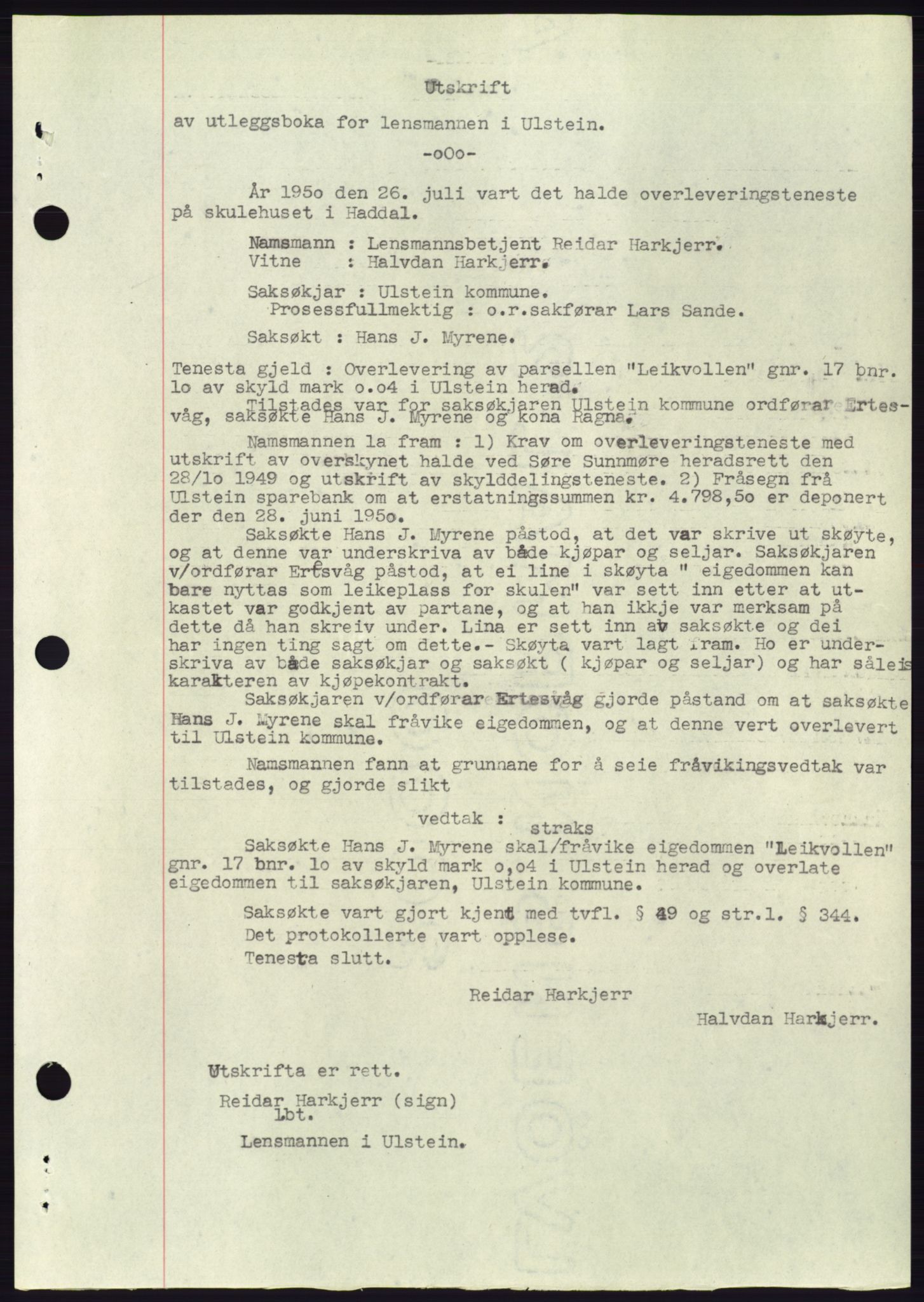 Søre Sunnmøre sorenskriveri, SAT/A-4122/1/2/2C/L0087: Pantebok nr. 13A, 1950-1950, Dagboknr: 1645/1950