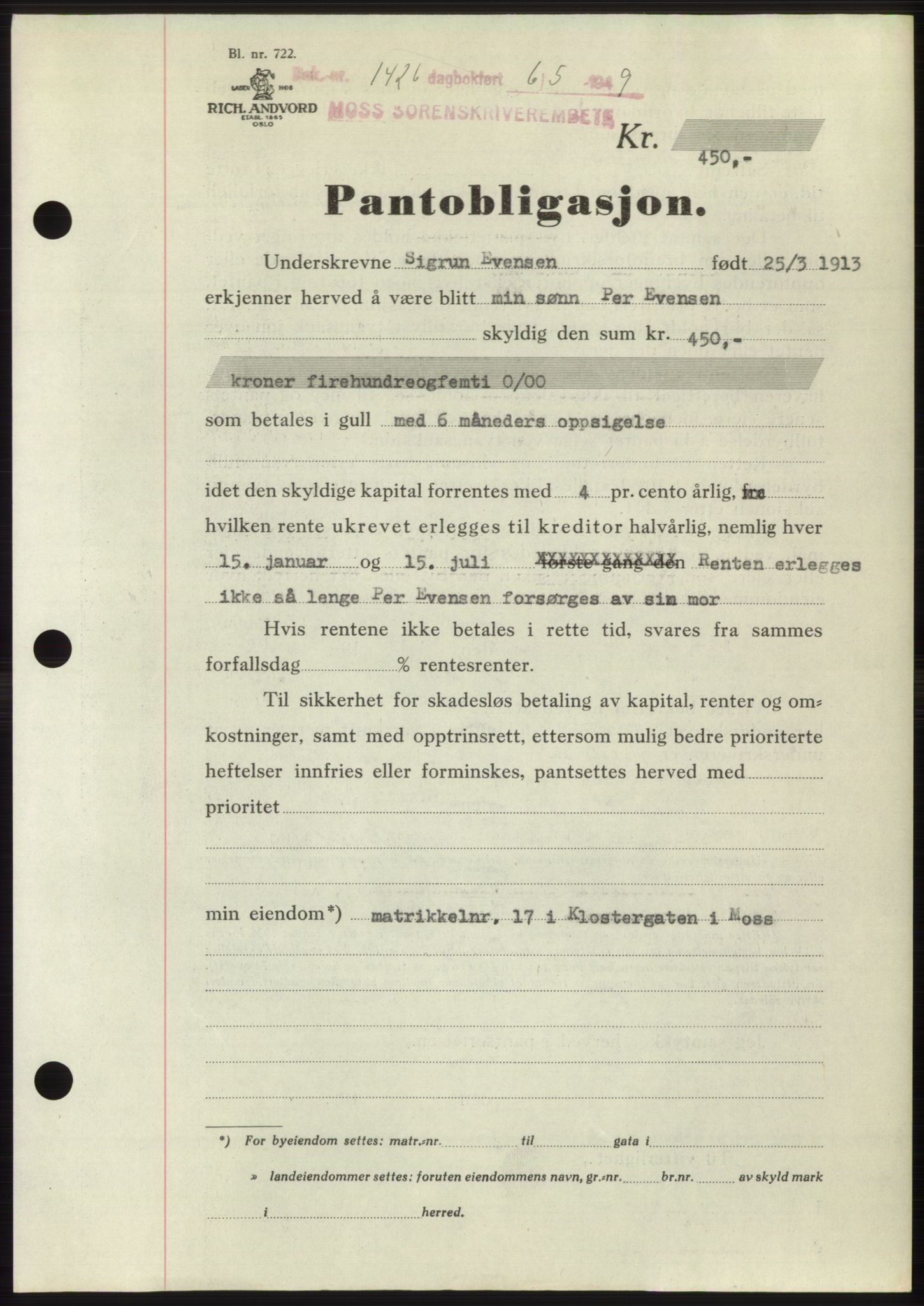 Moss sorenskriveri, SAO/A-10168: Pantebok nr. B21, 1949-1949, Dagboknr: 1426/1949