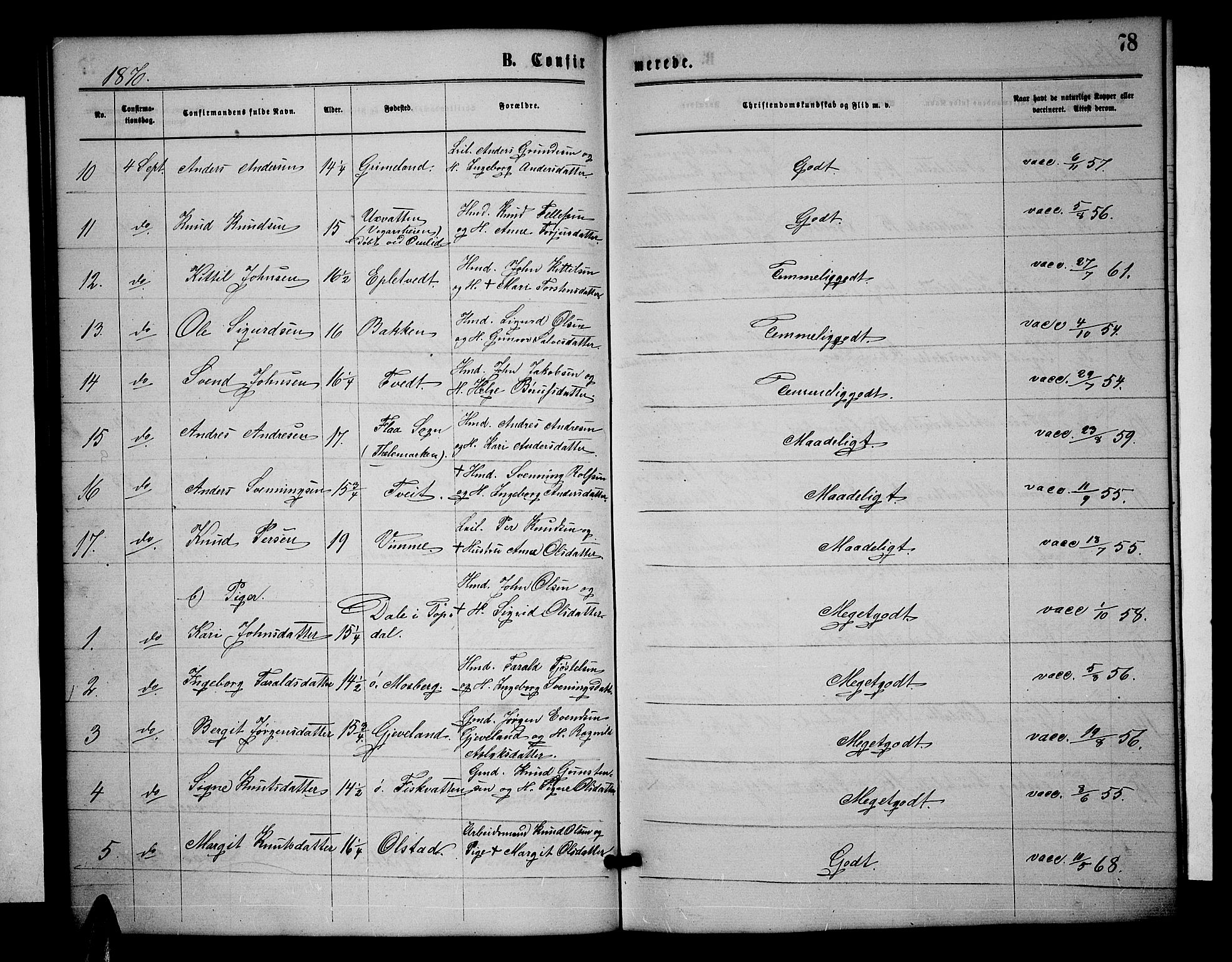 Åmli sokneprestkontor, AV/SAK-1111-0050/F/Fb/Fbc/L0003: Klokkerbok nr. B 3, 1868-1888, s. 78