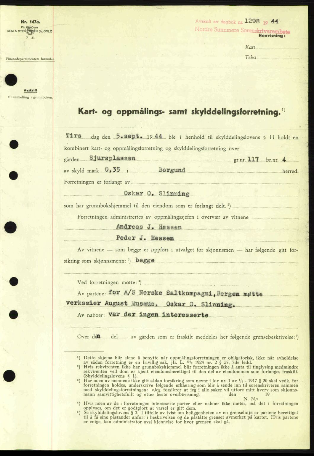 Nordre Sunnmøre sorenskriveri, SAT/A-0006/1/2/2C/2Ca: Pantebok nr. A18, 1944-1944, Dagboknr: 1298/1944
