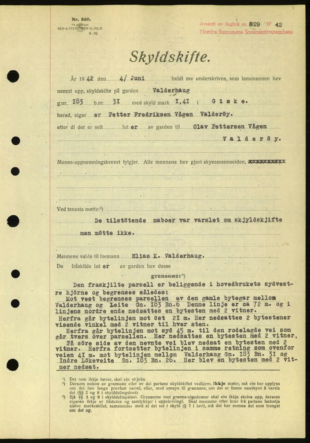 Nordre Sunnmøre sorenskriveri, AV/SAT-A-0006/1/2/2C/2Ca: Pantebok nr. A13, 1942-1942, Dagboknr: 829/1942