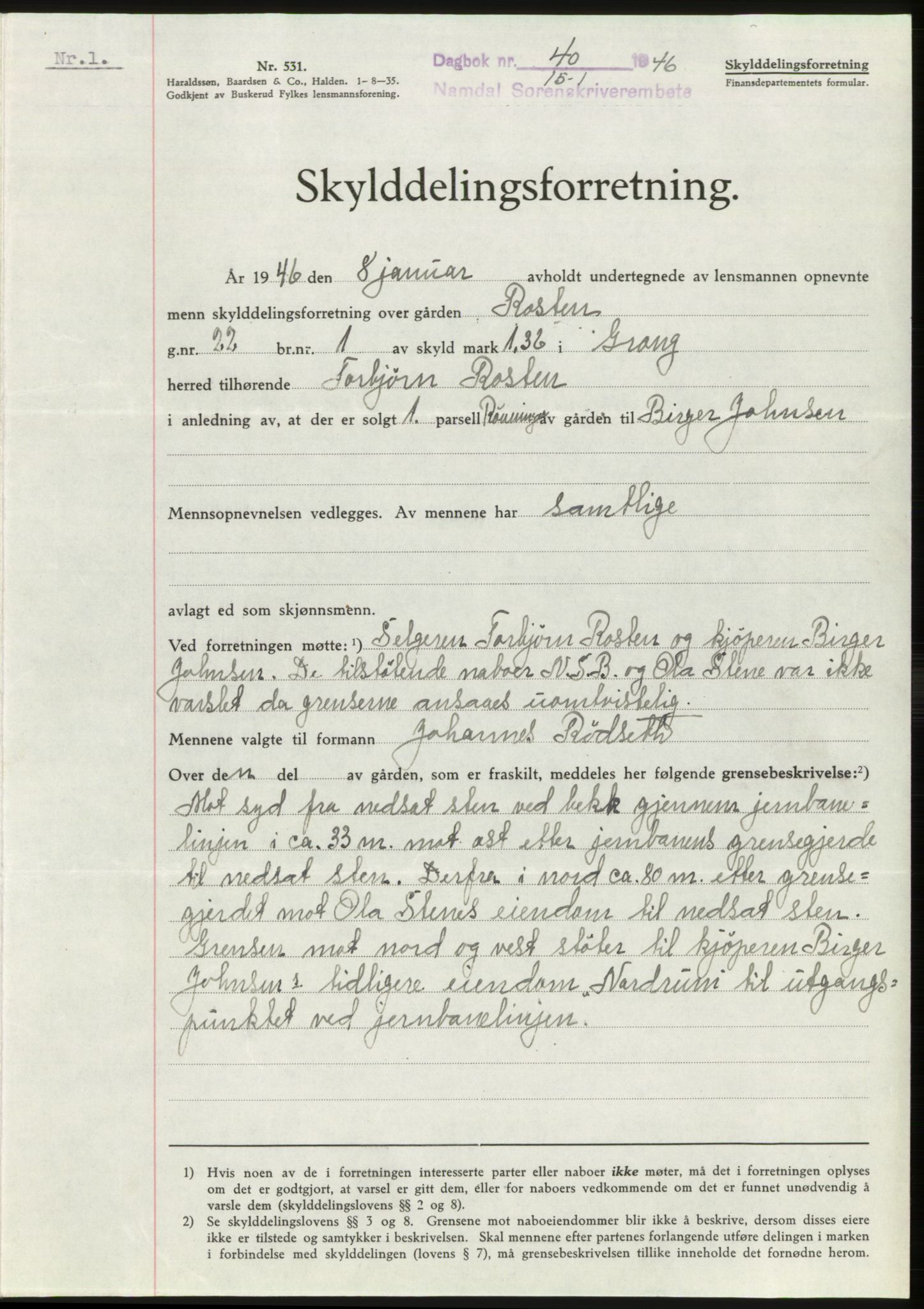 Namdal sorenskriveri, SAT/A-4133/1/2/2C: Pantebok nr. -, 1946-1946, Dagboknr: 40/1946
