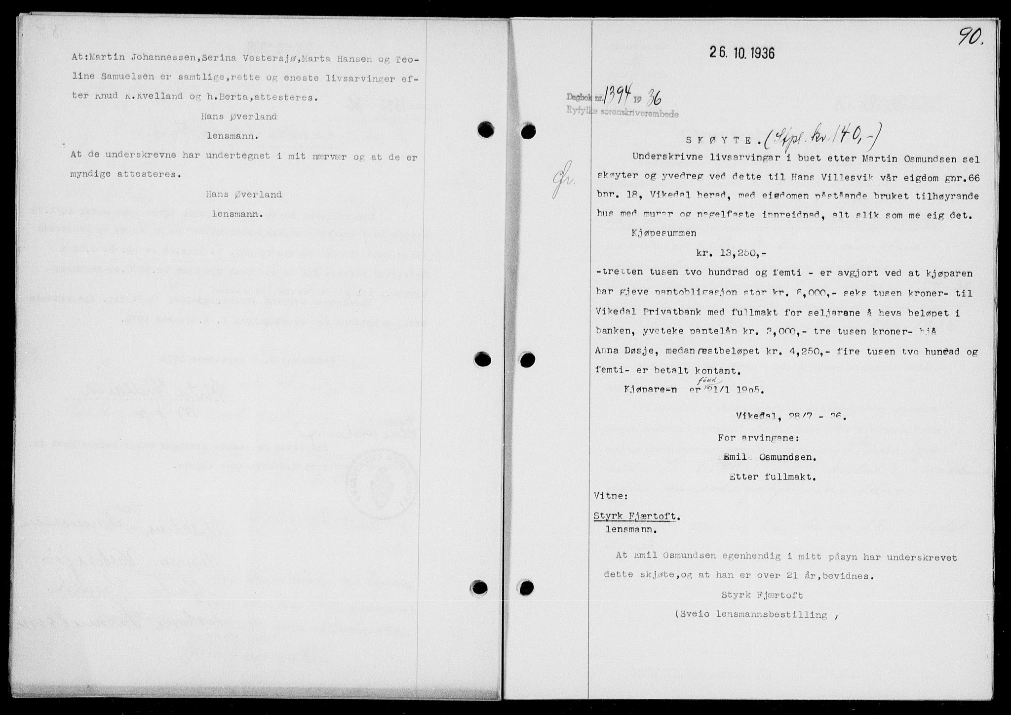 Ryfylke tingrett, SAST/A-100055/001/II/IIB/L0074: Pantebok nr. 53, 1936-1937, Dagboknr: 1394/1936