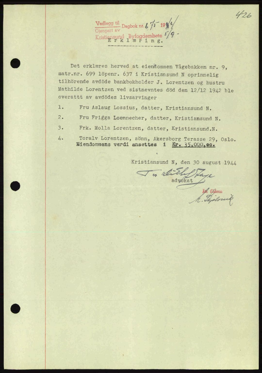 Kristiansund byfogd, AV/SAT-A-4587/A/27: Pantebok nr. 34, 1941-1945, Dagboknr: 675/1944