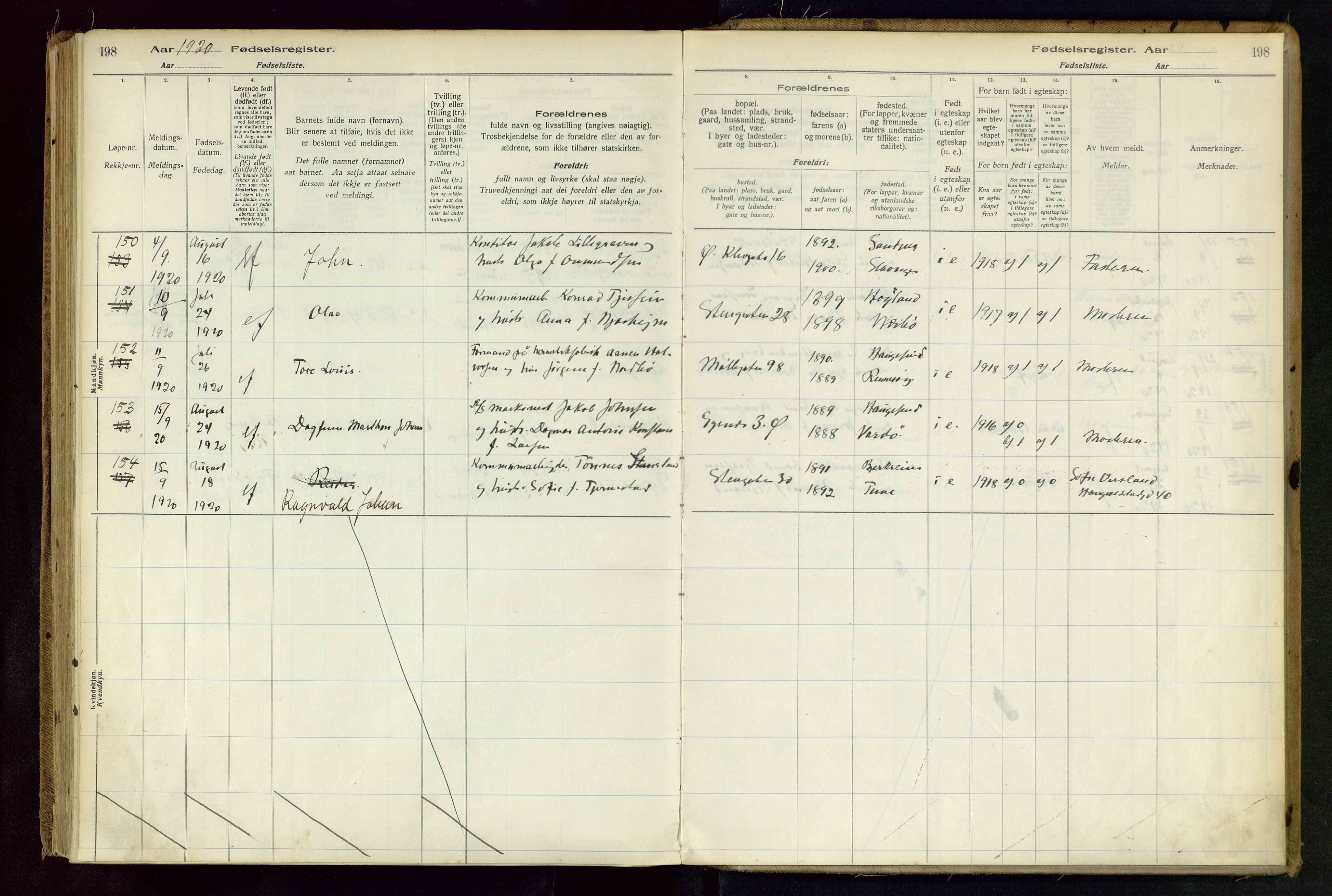 Domkirken sokneprestkontor, AV/SAST-A-101812/002/B/L0001: Fødselsregister nr. 1, 1916-1920, s. 198