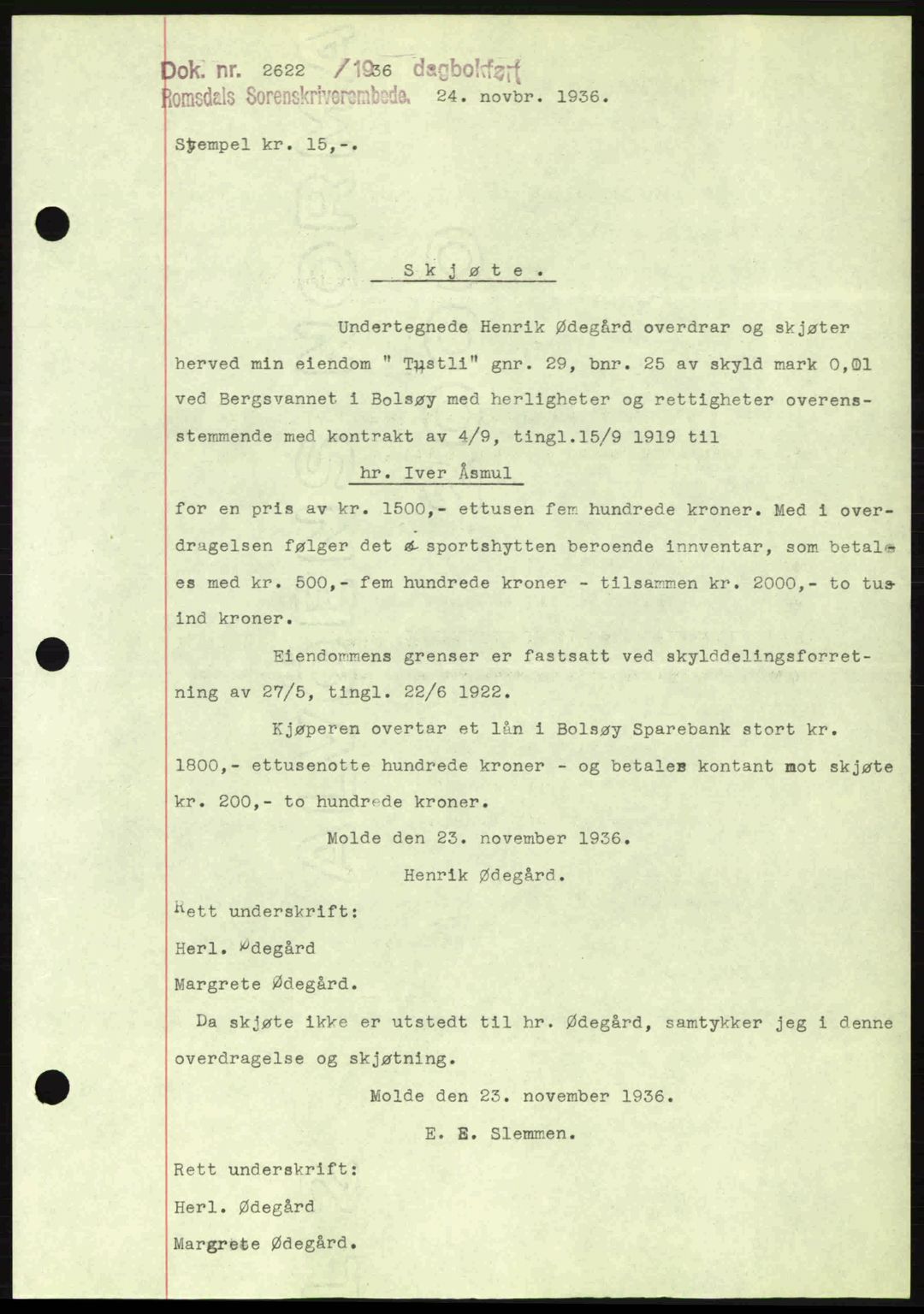 Romsdal sorenskriveri, SAT/A-4149/1/2/2C: Pantebok nr. A2, 1936-1937, Dagboknr: 2622/1936