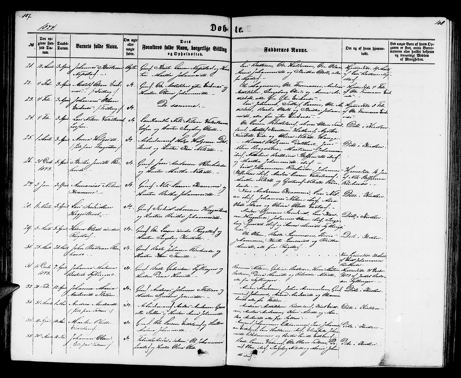Hamre sokneprestembete, AV/SAB-A-75501/H/Ha/Hab: Klokkerbok nr. B 2, 1863-1880, s. 107-108