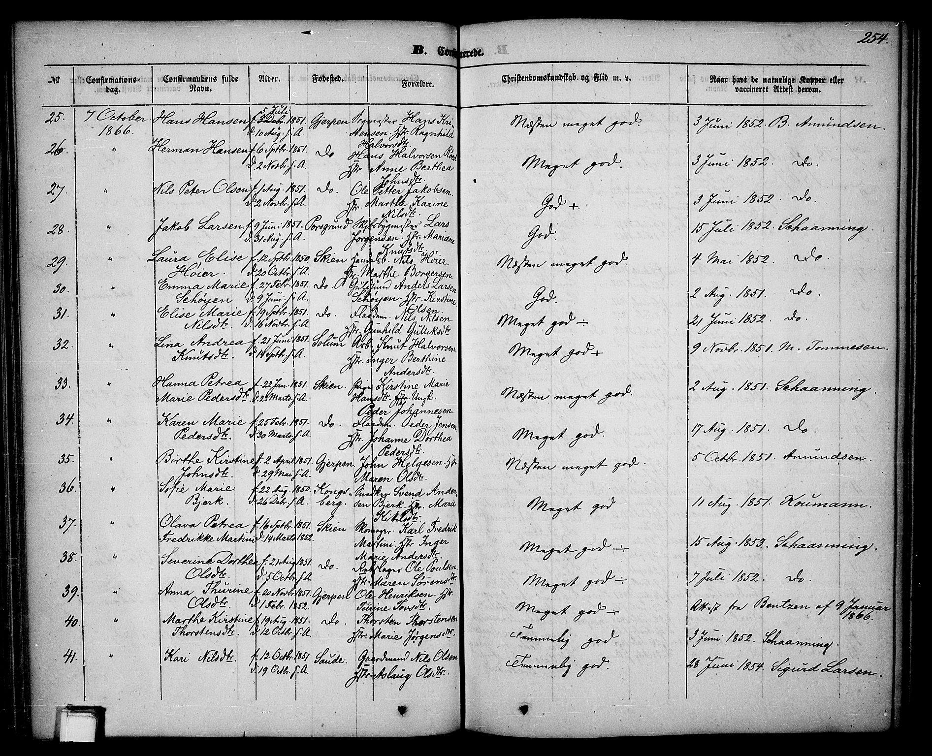 Skien kirkebøker, AV/SAKO-A-302/G/Ga/L0004: Klokkerbok nr. 4, 1843-1867, s. 254