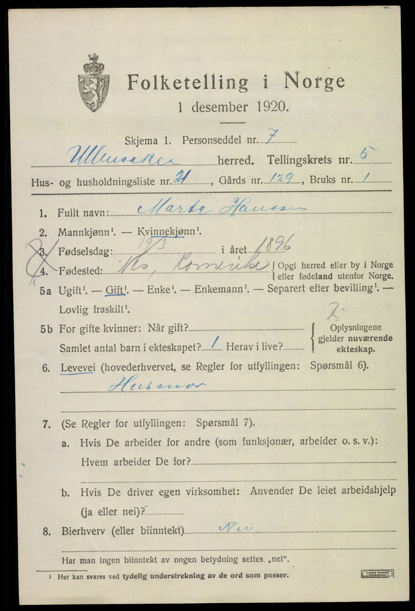 SAO, Folketelling 1920 for 0235 Ullensaker herred, 1920, s. 9301