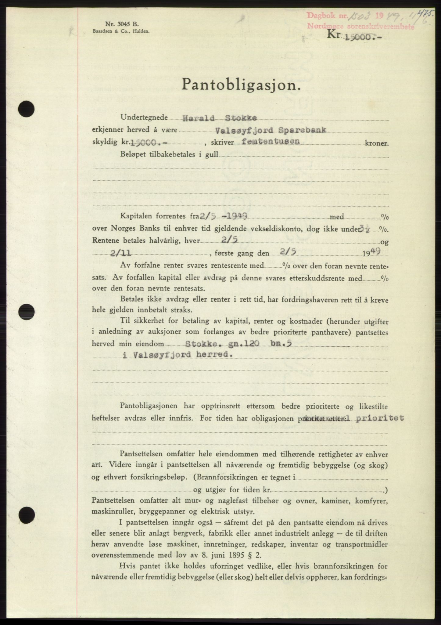 Nordmøre sorenskriveri, SAT/A-4132/1/2/2Ca: Pantebok nr. B101, 1949-1949, Dagboknr: 1503/1949
