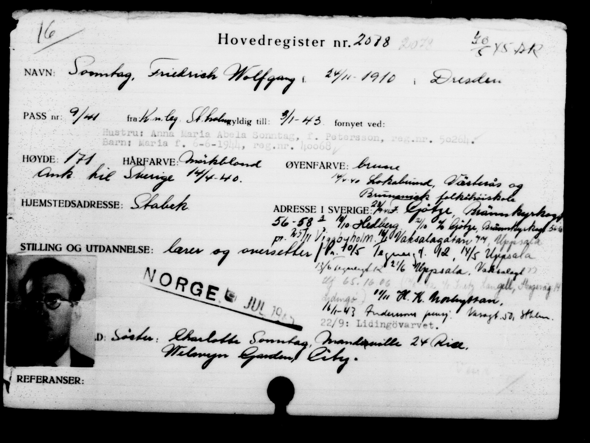Utenriksstasjonene, Legasjonen i Stockholm, Flyktningkontoret, AV/RA-S-6753/V/Va/L0003: Kjesäterkartoteket, flyktninger med registreringsnr. 2001-3495, 1940-1945, s. 102