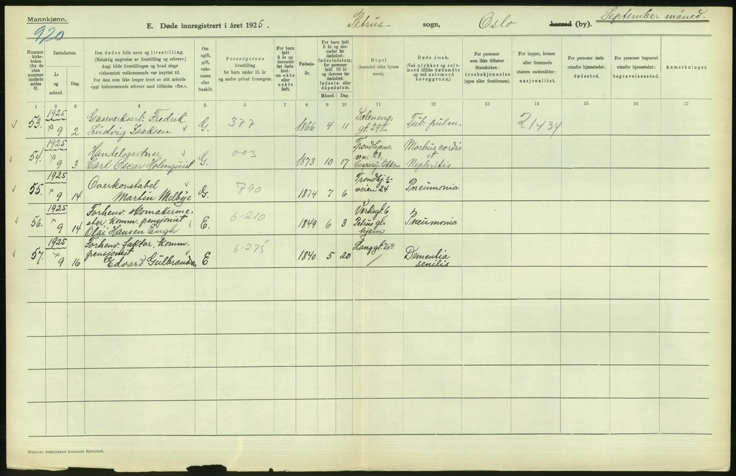 Statistisk sentralbyrå, Sosiodemografiske emner, Befolkning, AV/RA-S-2228/D/Df/Dfc/Dfce/L0009: Oslo: Døde menn, 1925, s. 20