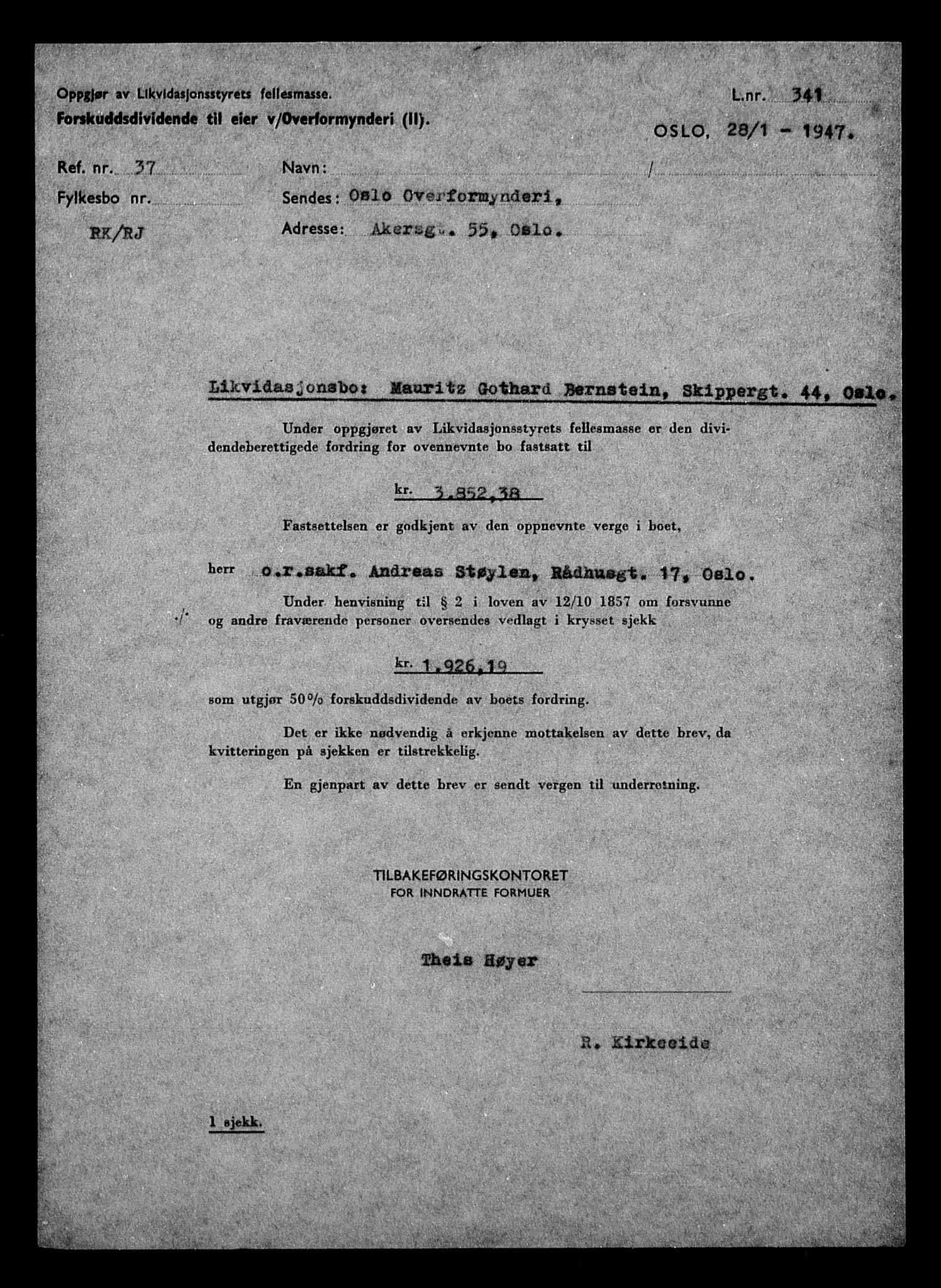 Justisdepartementet, Tilbakeføringskontoret for inndratte formuer, AV/RA-S-1564/H/Hc/Hcc/L0922: --, 1945-1947, s. 595