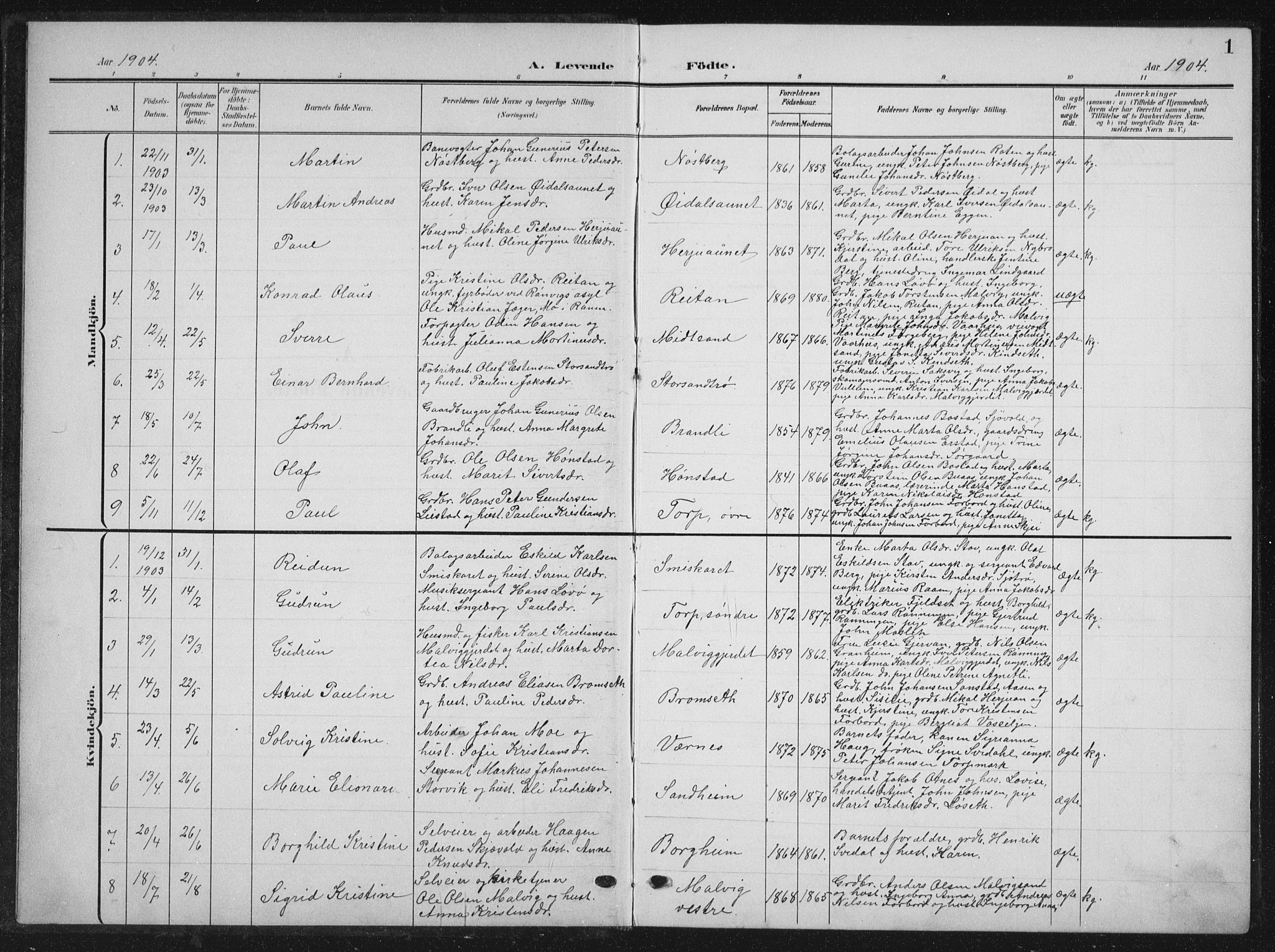 Ministerialprotokoller, klokkerbøker og fødselsregistre - Sør-Trøndelag, SAT/A-1456/616/L0424: Klokkerbok nr. 616C07, 1904-1940, s. 1