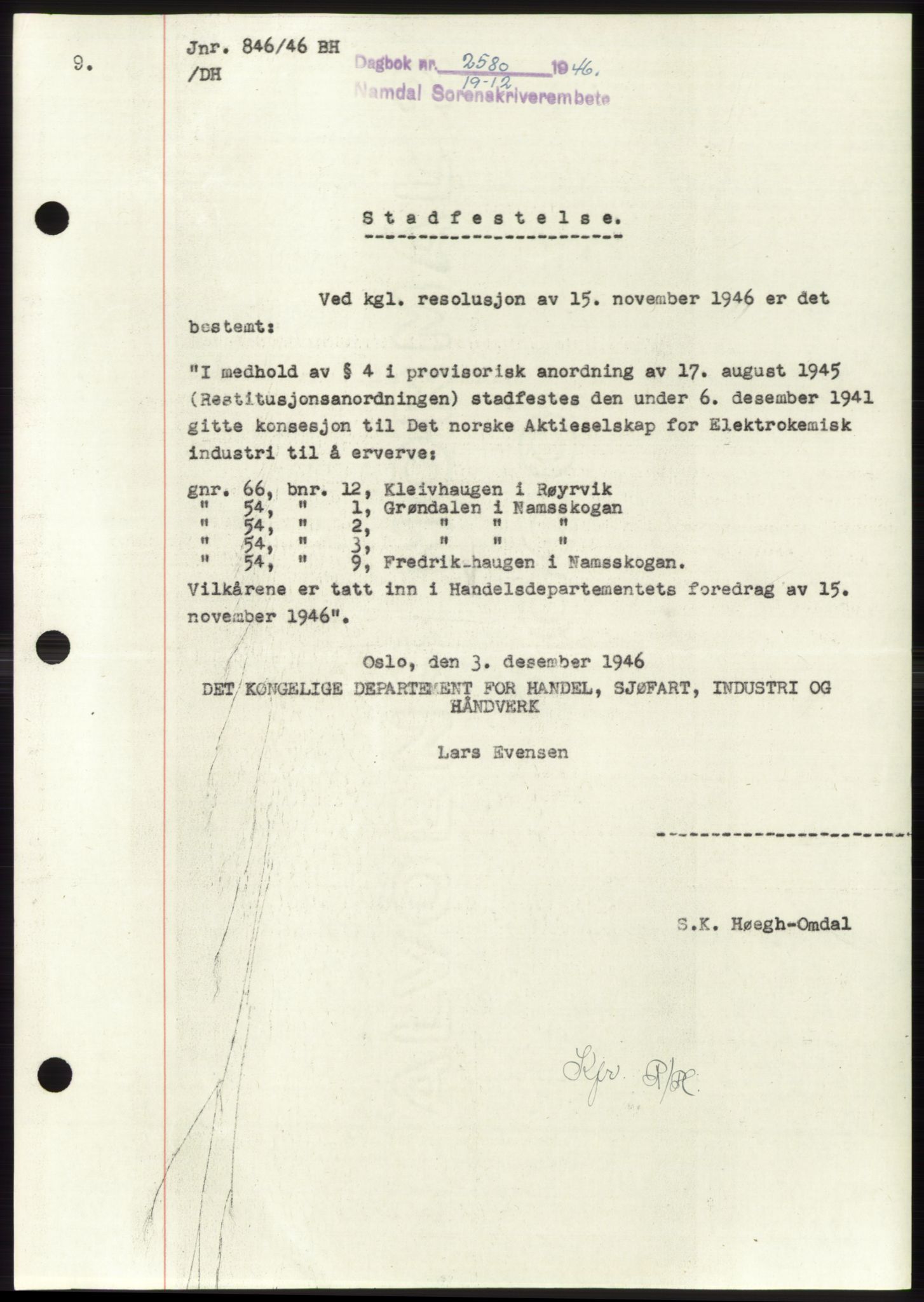 Namdal sorenskriveri, SAT/A-4133/1/2/2C: Pantebok nr. -, 1946-1947, Dagboknr: 2580/1946