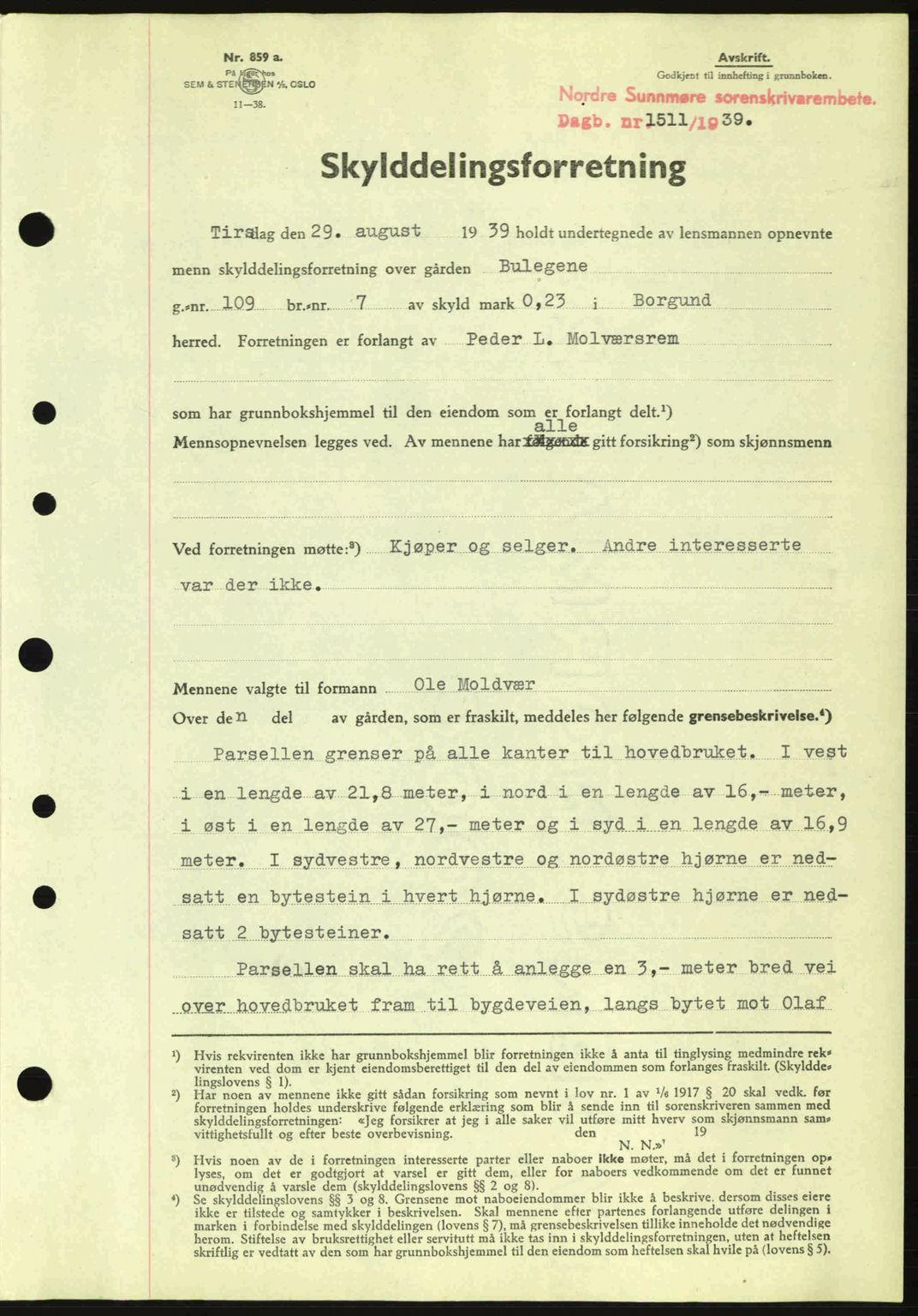 Nordre Sunnmøre sorenskriveri, SAT/A-0006/1/2/2C/2Ca: Pantebok nr. A7, 1939-1939, Dagboknr: 1511/1939