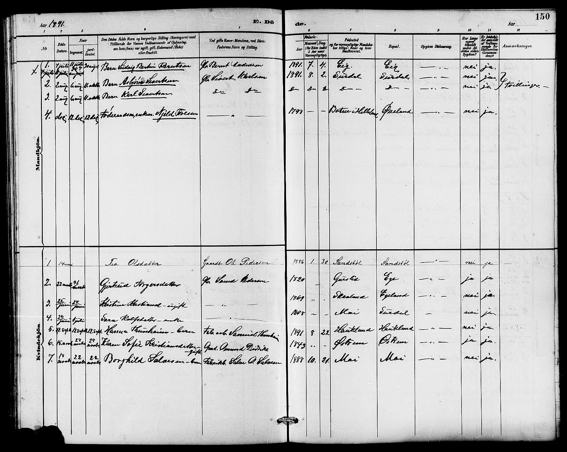 Lund sokneprestkontor, SAST/A-101809/S07/L0006: Klokkerbok nr. B 6, 1885-1901, s. 150