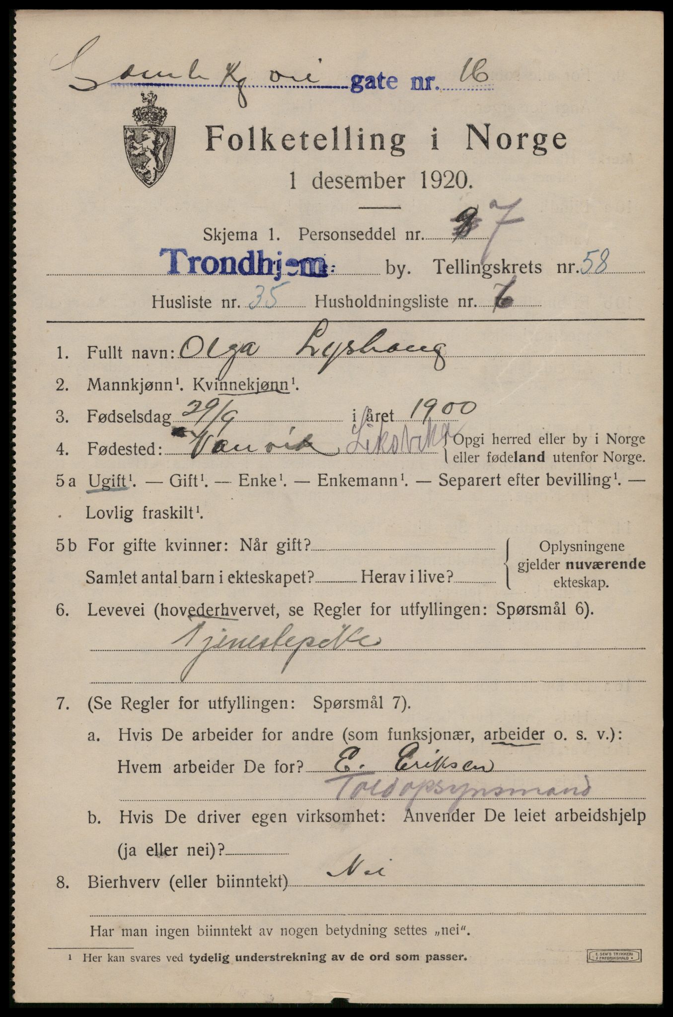 SAT, Folketelling 1920 for 1601 Trondheim kjøpstad, 1920, s. 118846