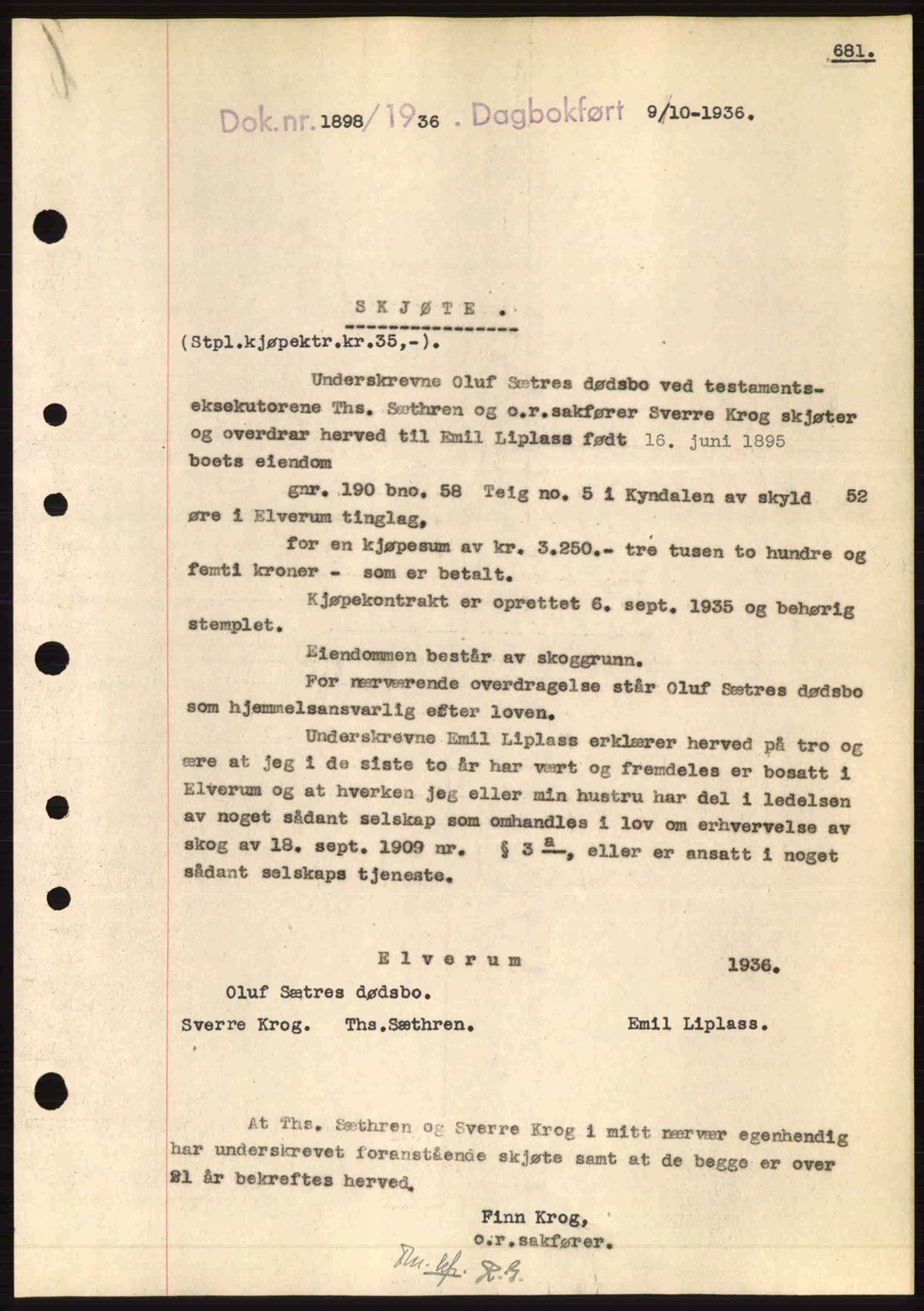 Sør-Østerdal sorenskriveri, SAH/TING-018/H/Hb/Hbb/L0054: Pantebok nr. A54, 1936-1936, Dagboknr: 1898/1936