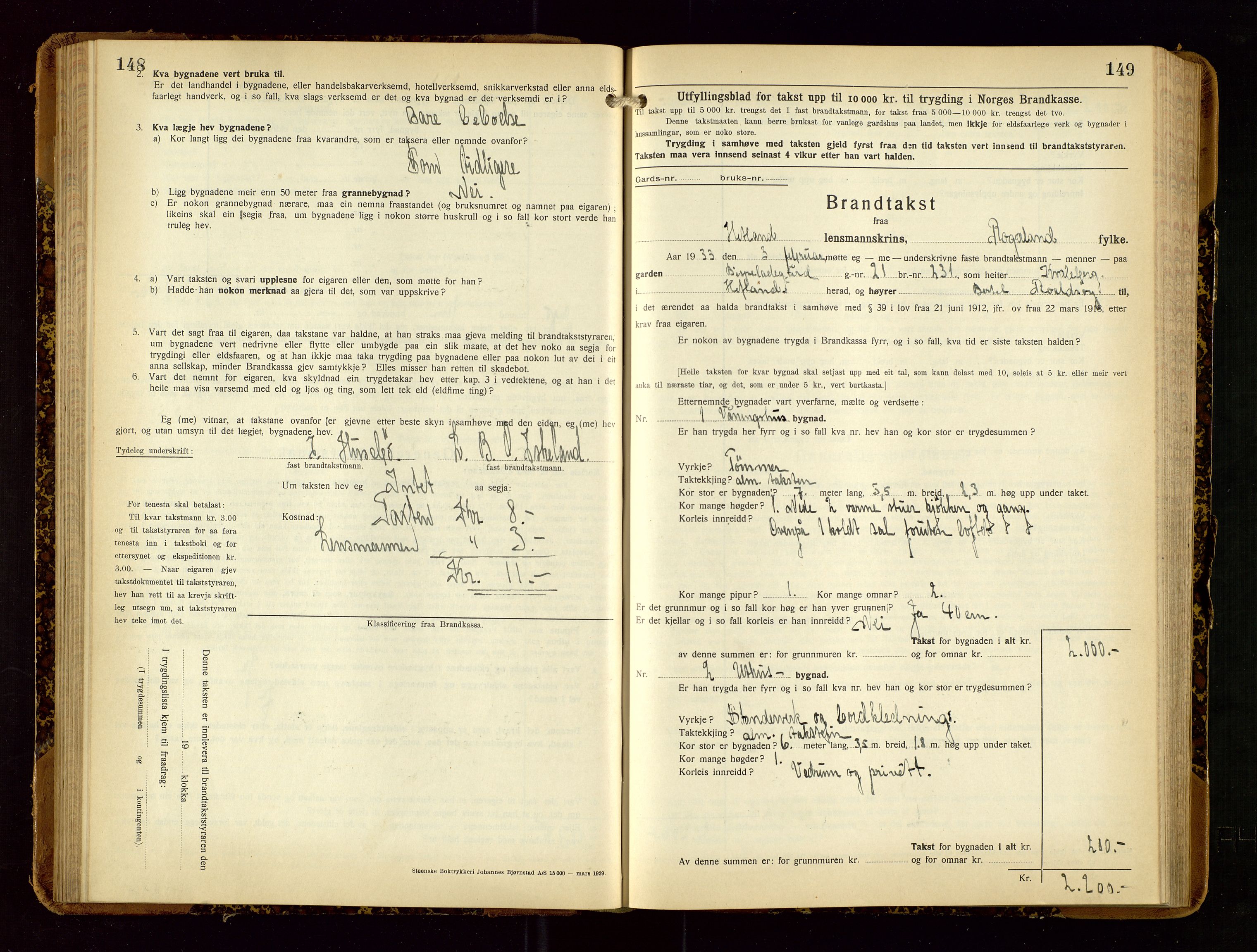 Hetland lensmannskontor, AV/SAST-A-100101/Gob/L0003: "Brandtakstbok", 1932-1934, s. 148-149