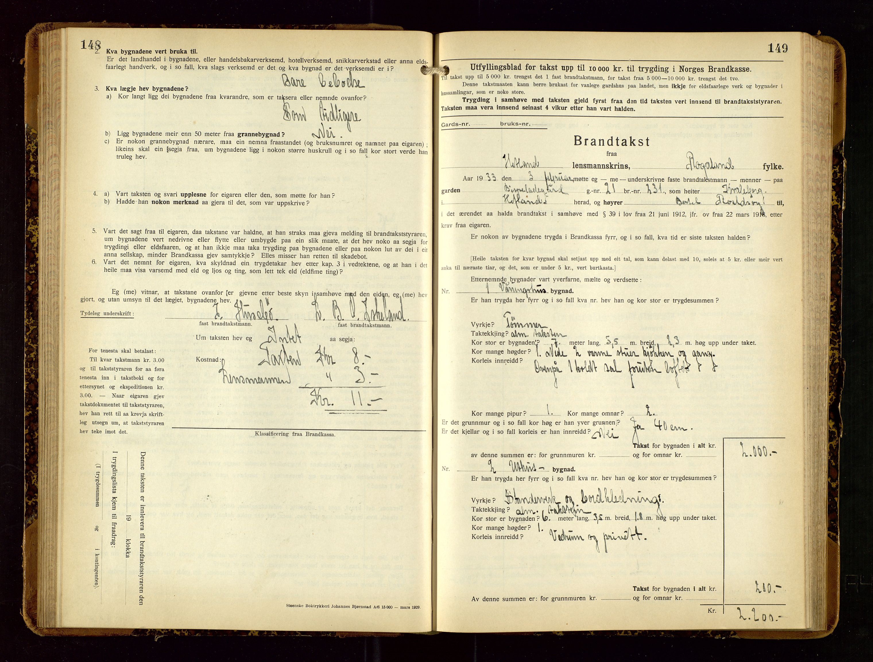 Hetland lensmannskontor, SAST/A-100101/Gob/L0003: "Brandtakstbok", 1932-1934, s. 148-149