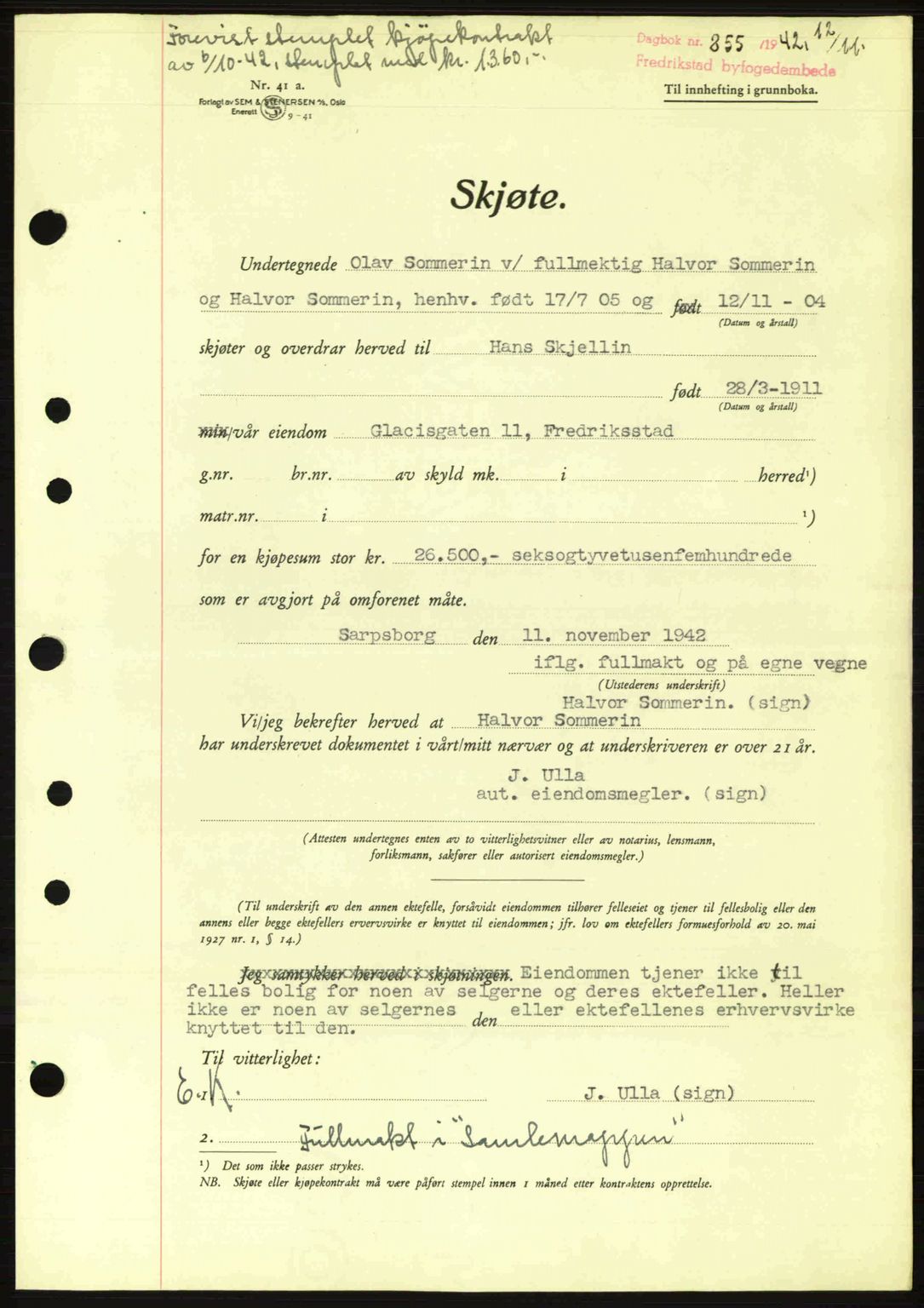 Fredrikstad byfogd, AV/SAO-A-10473a/G/Ga/Gac/L0002: Pantebok nr. A32a, 1940-1945, Dagboknr: 855/1942