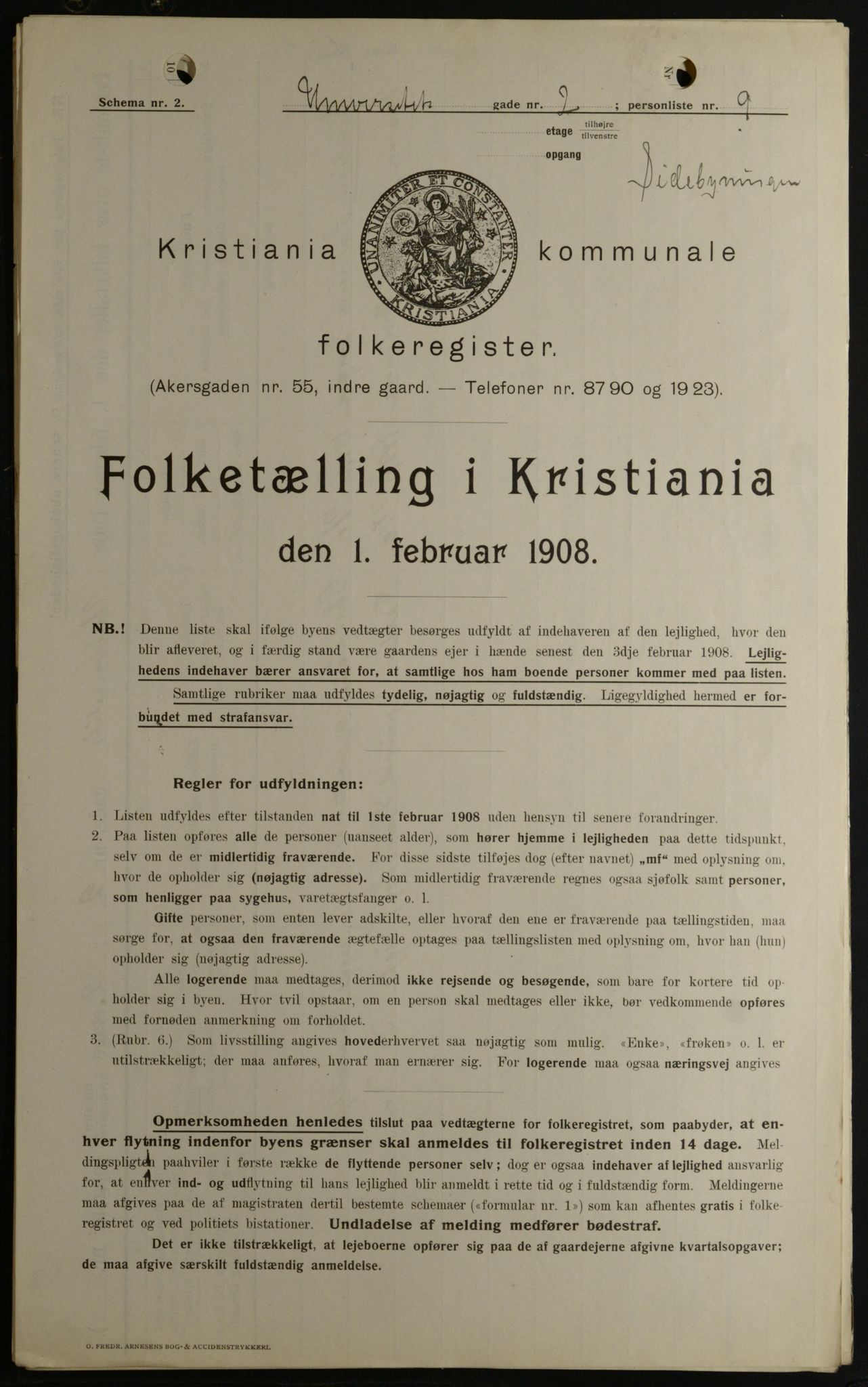 OBA, Kommunal folketelling 1.2.1908 for Kristiania kjøpstad, 1908, s. 107644