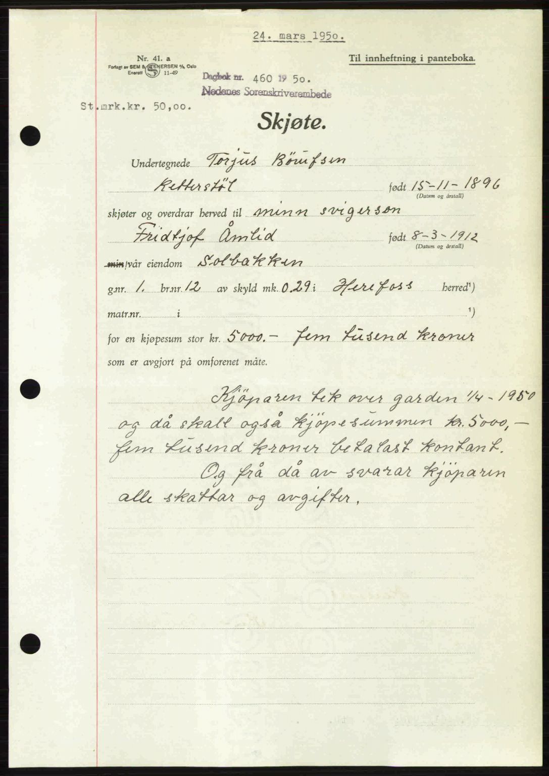 Nedenes sorenskriveri, SAK/1221-0006/G/Gb/Gba/L0062: Pantebok nr. A14, 1949-1950, Dagboknr: 460/1950